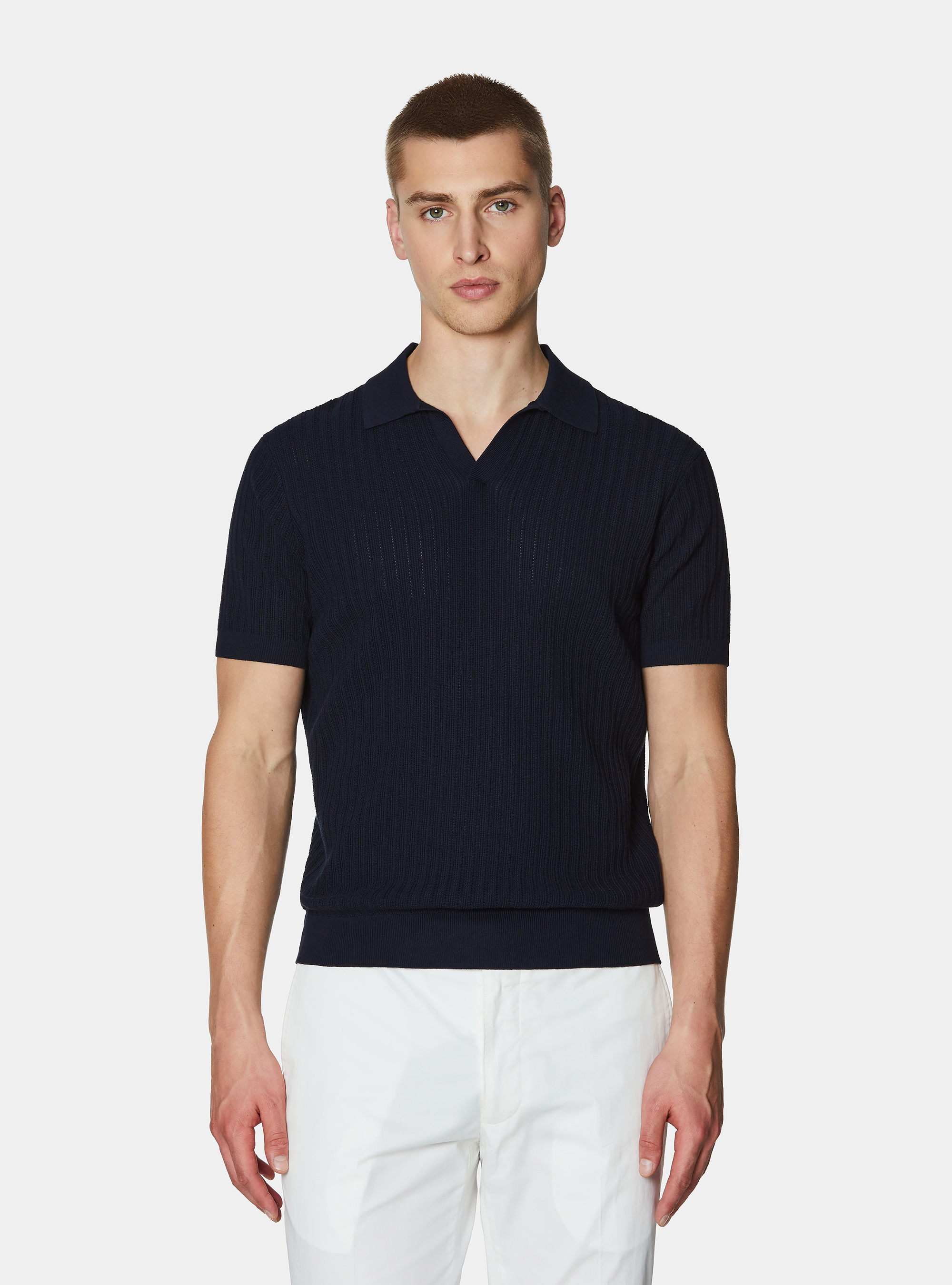 Polo in maglia traforata senza bottoni in cotone extrafine, BLU NAVY