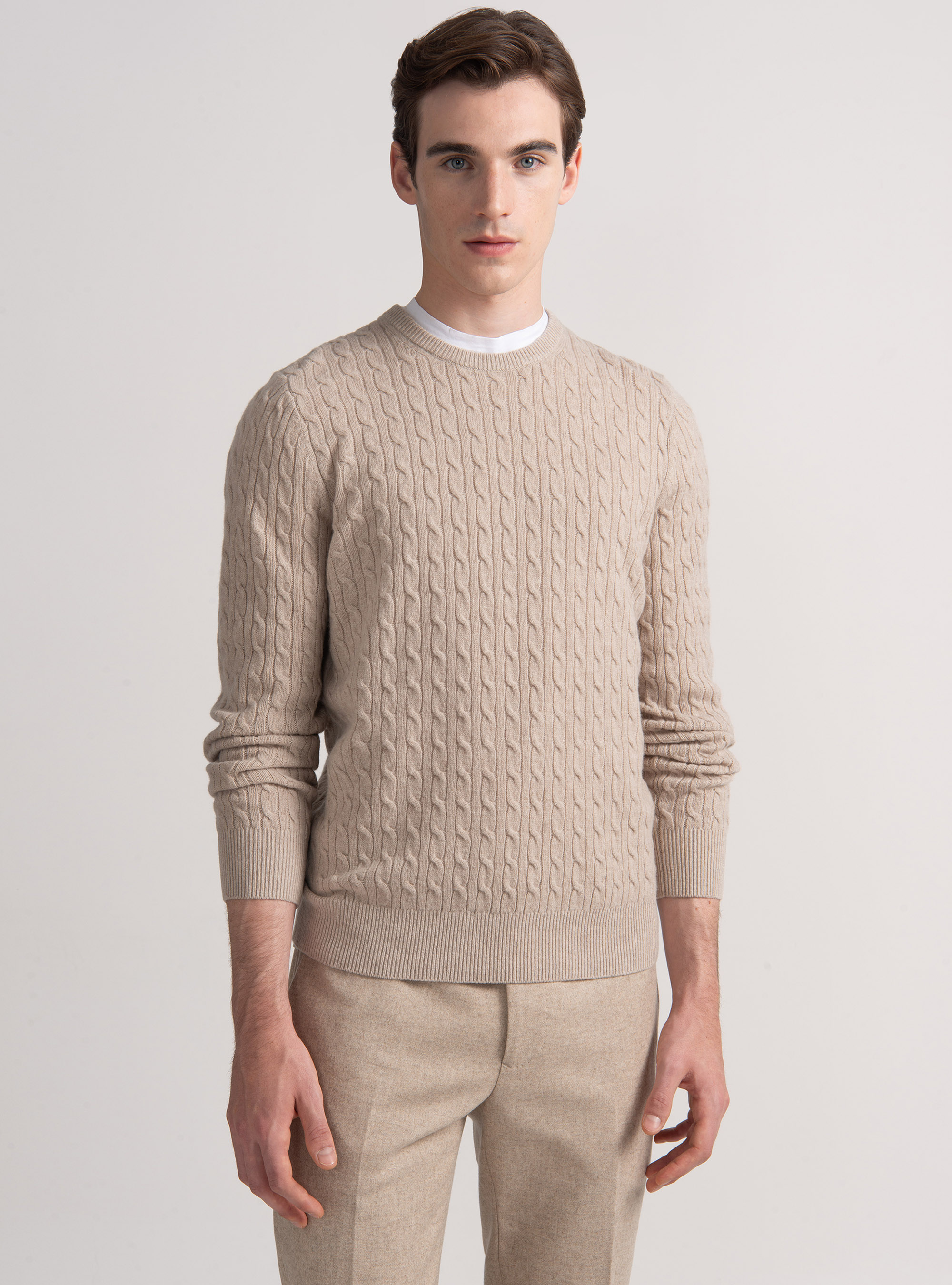 Cashmere wool crew-neck sweater with braid, ECRU