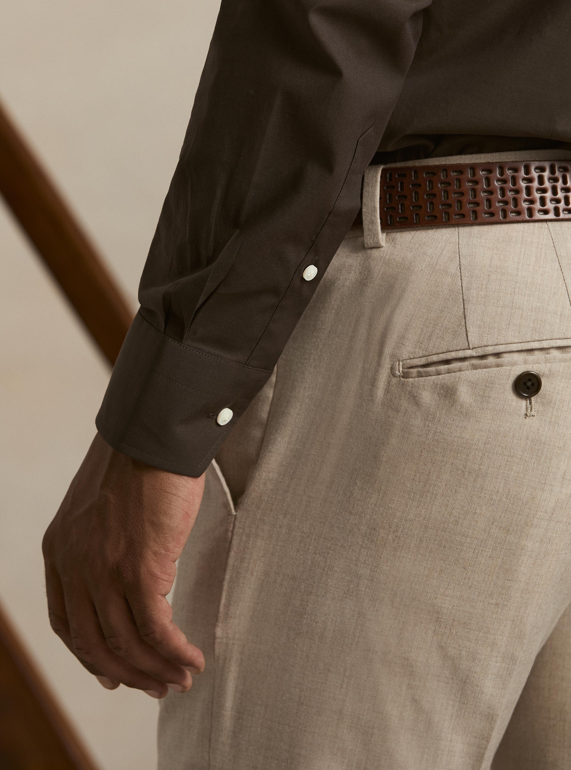 Camicia in cotone popeline stretch, MARRONE