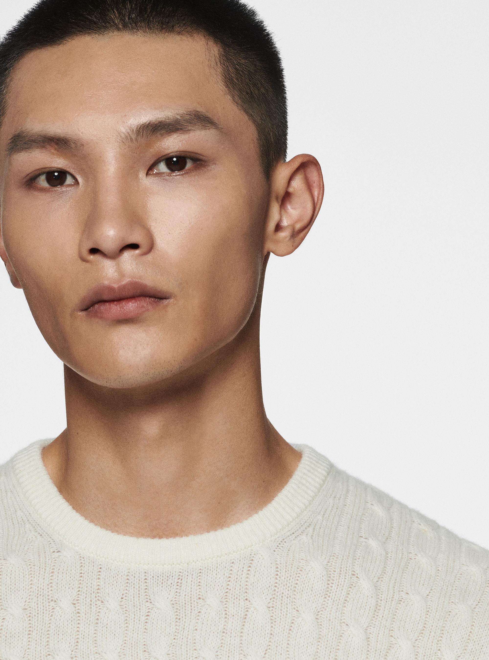 Maglia girocollo in lana cashmere a treccia, BIANCO