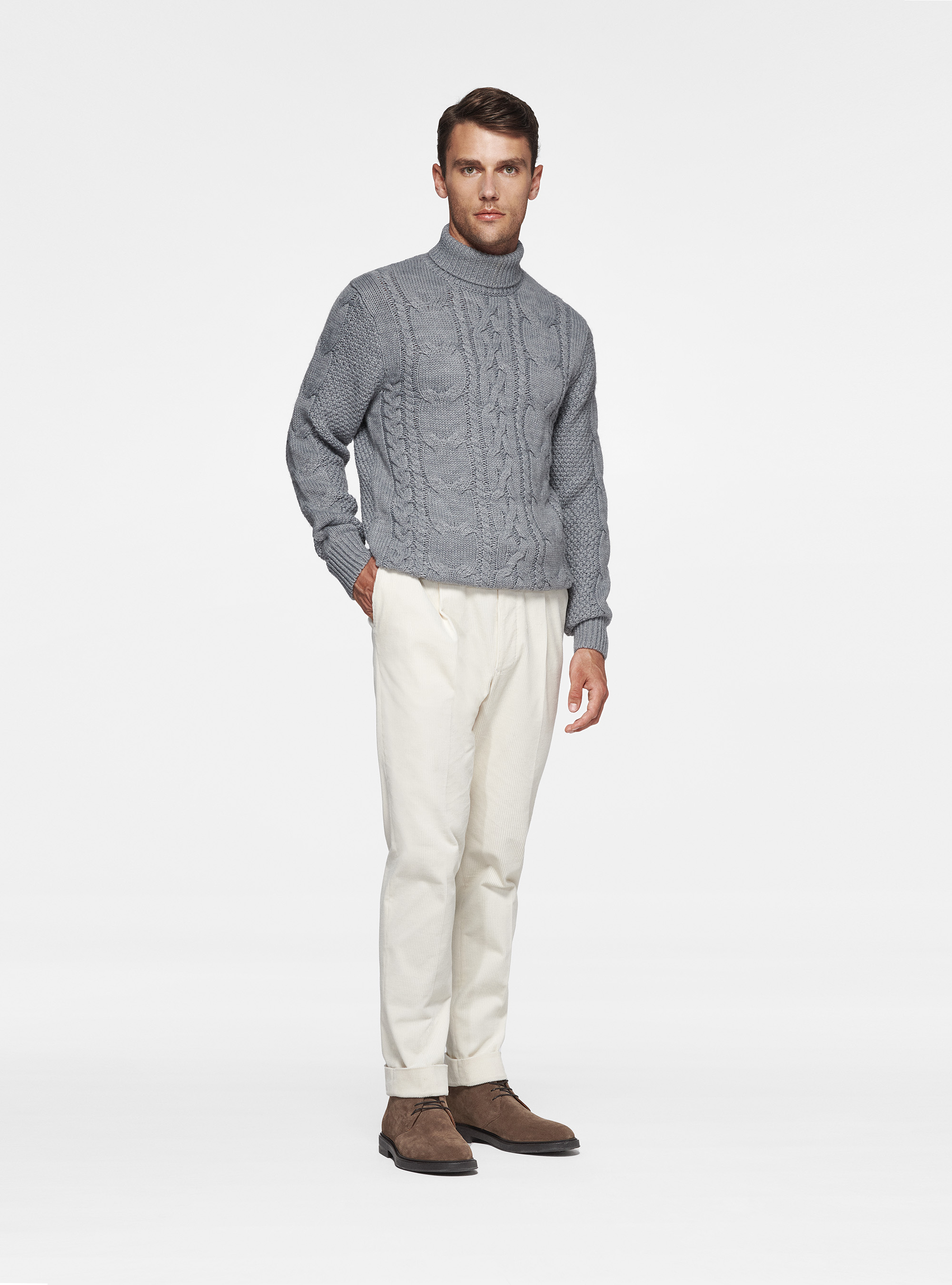 Pantaloni con pince in velluto Duca Visconti di Modrone, PANNA