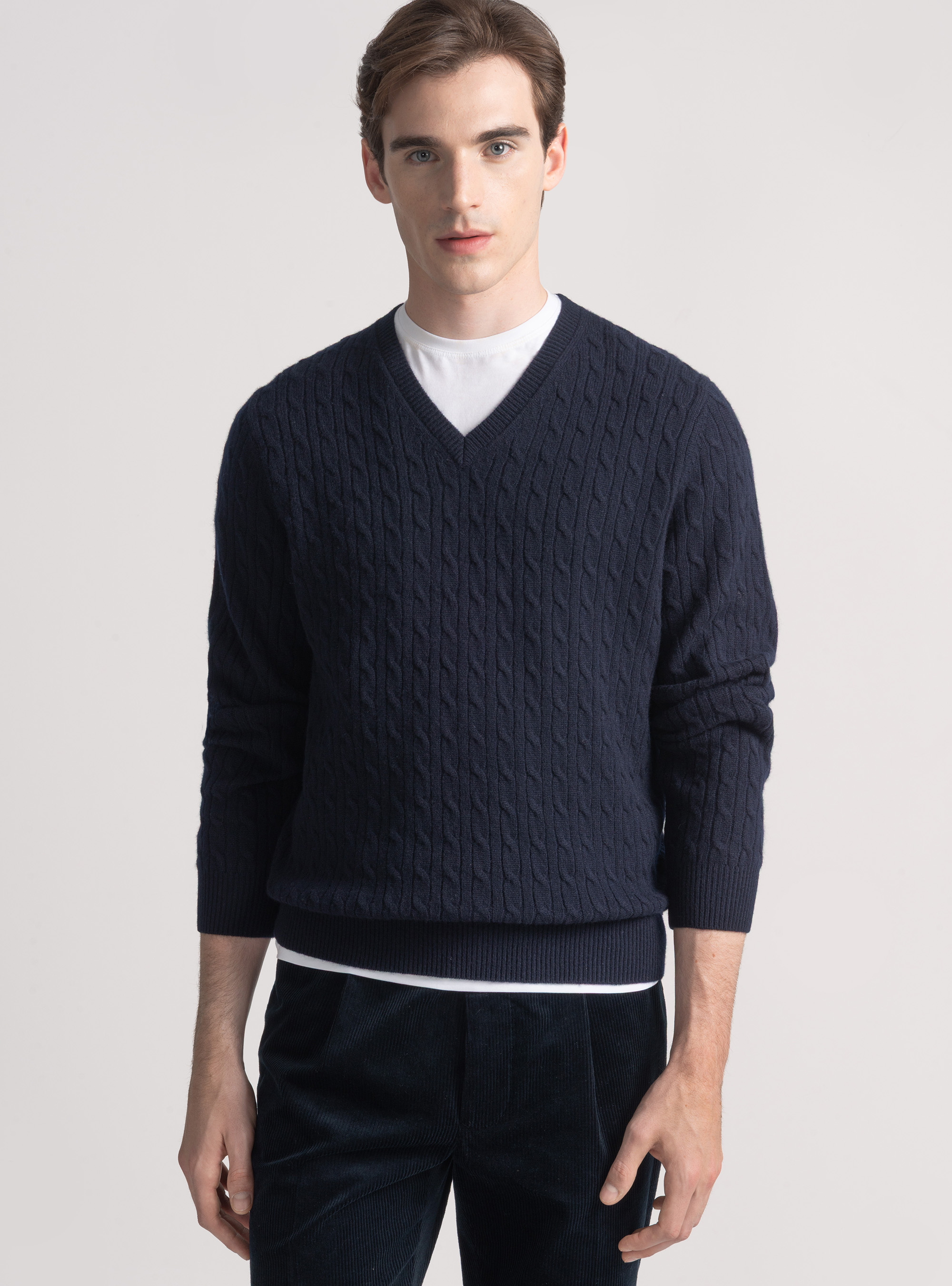 Merino wool V-neck sweater with braid, NAVY BLUE