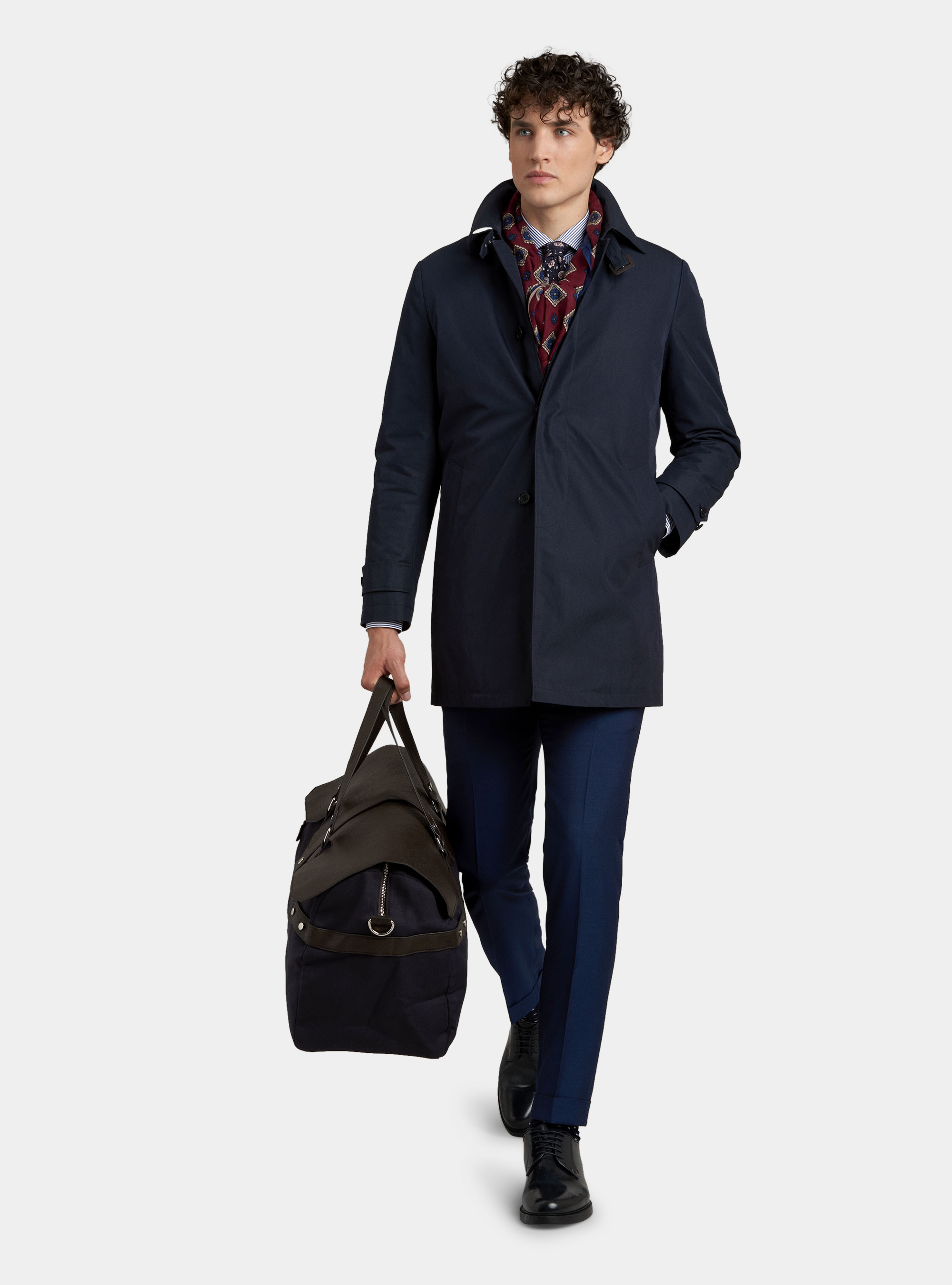 Single-breasted raincoat in technical fabric, NAVY BLUE