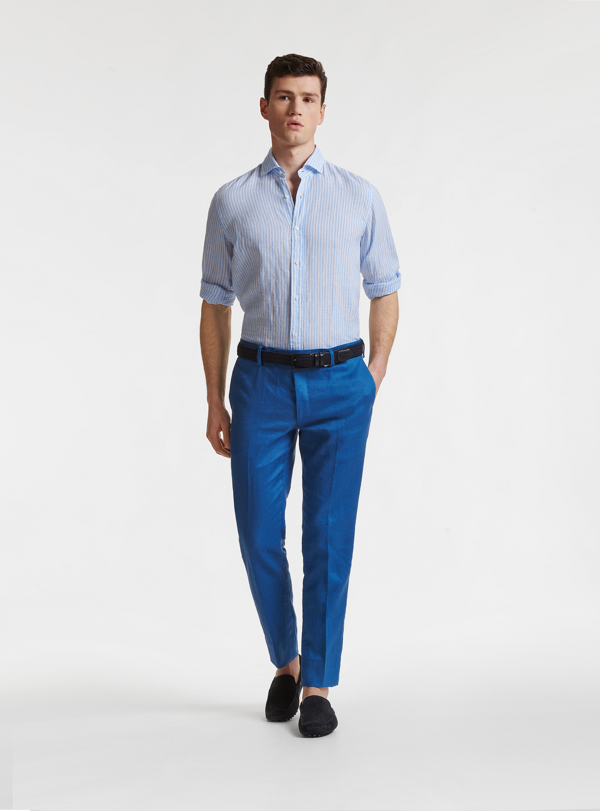 Semi-French collar shirt in pure linen striped, LIGHT BLUE