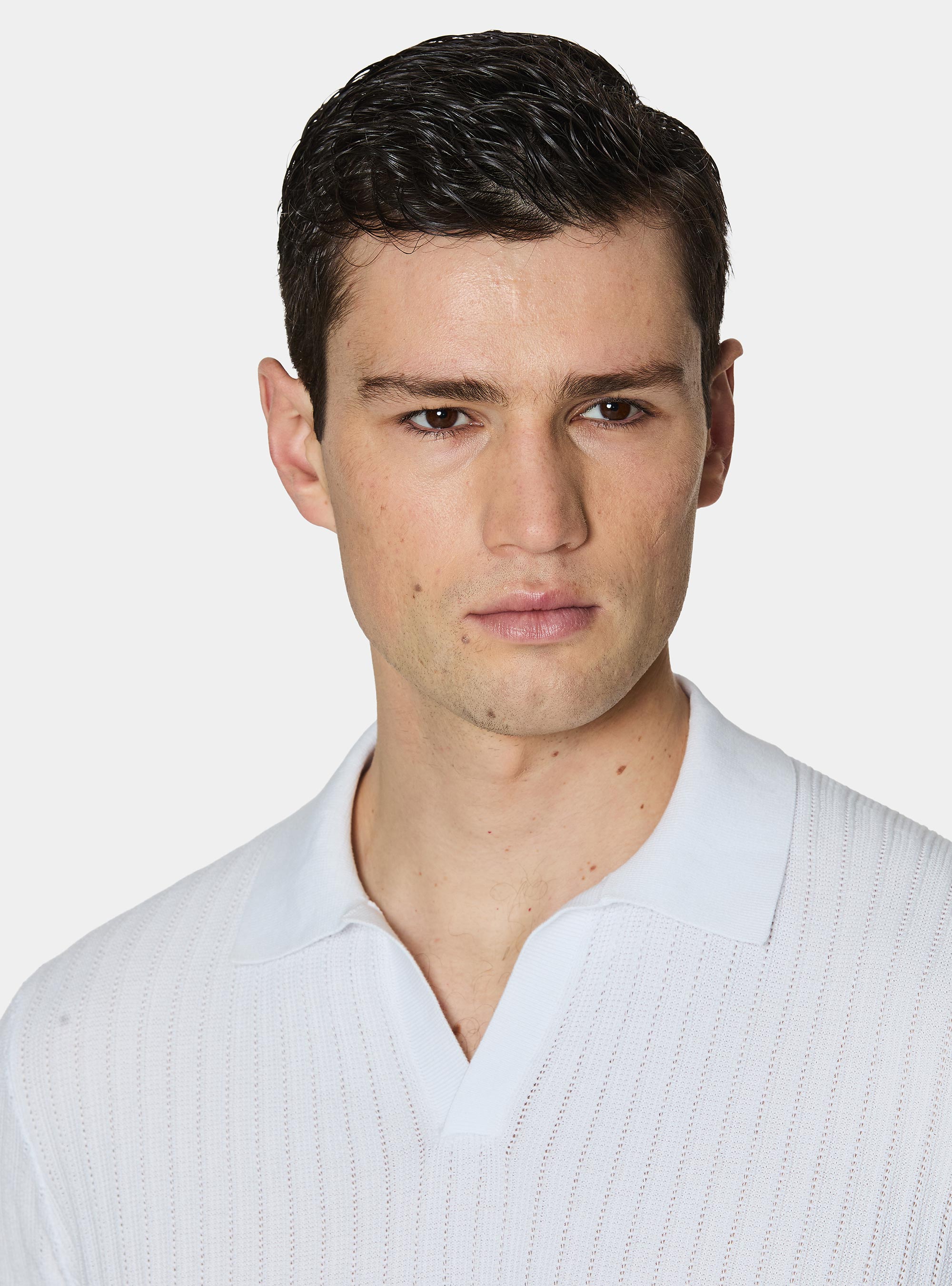 Polo in maglia traforata senza bottoni in cotone extrafine, BIANCO