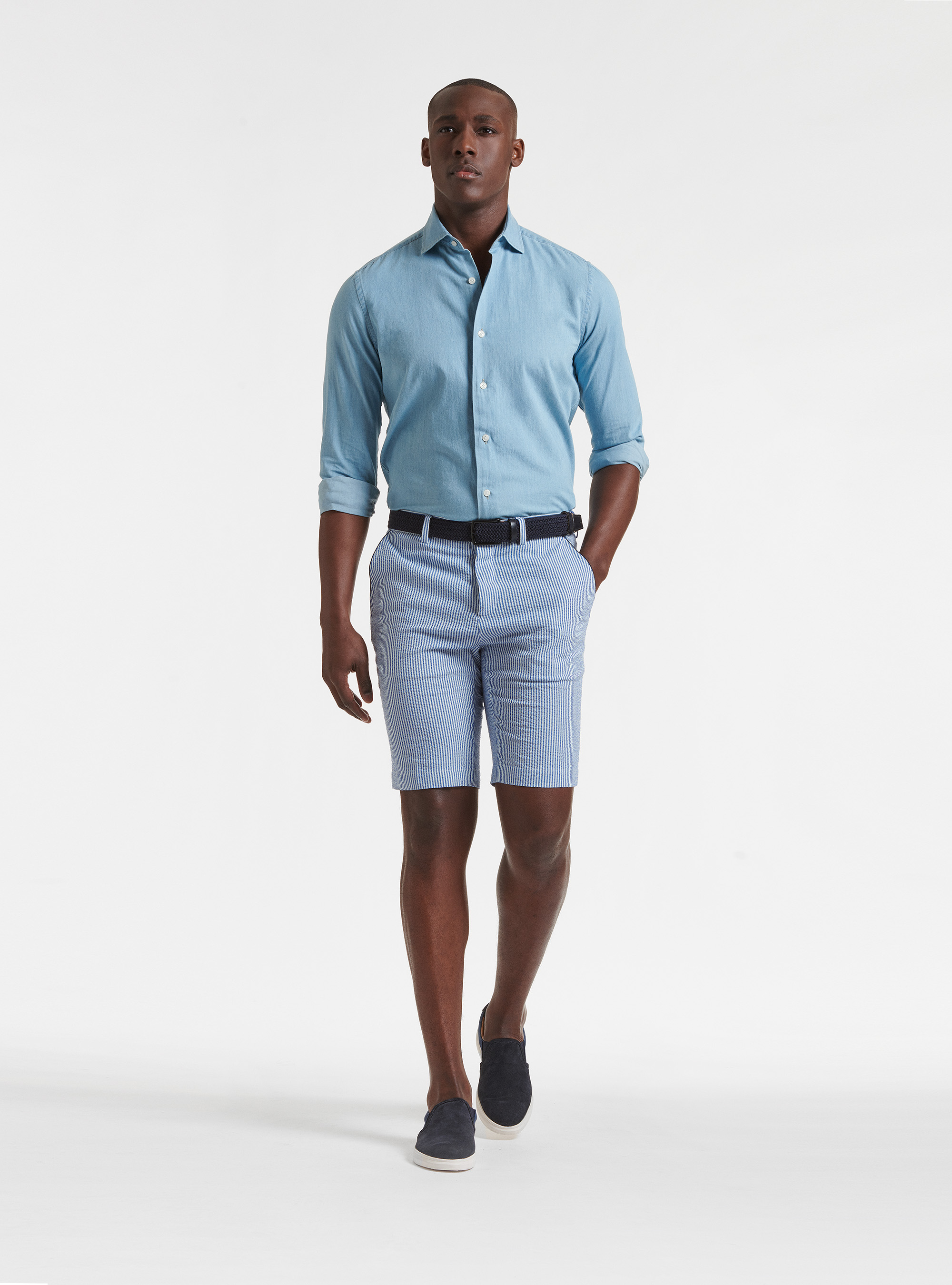 Camicia denim con collo semi francese in cotone chambray, AZZURRO