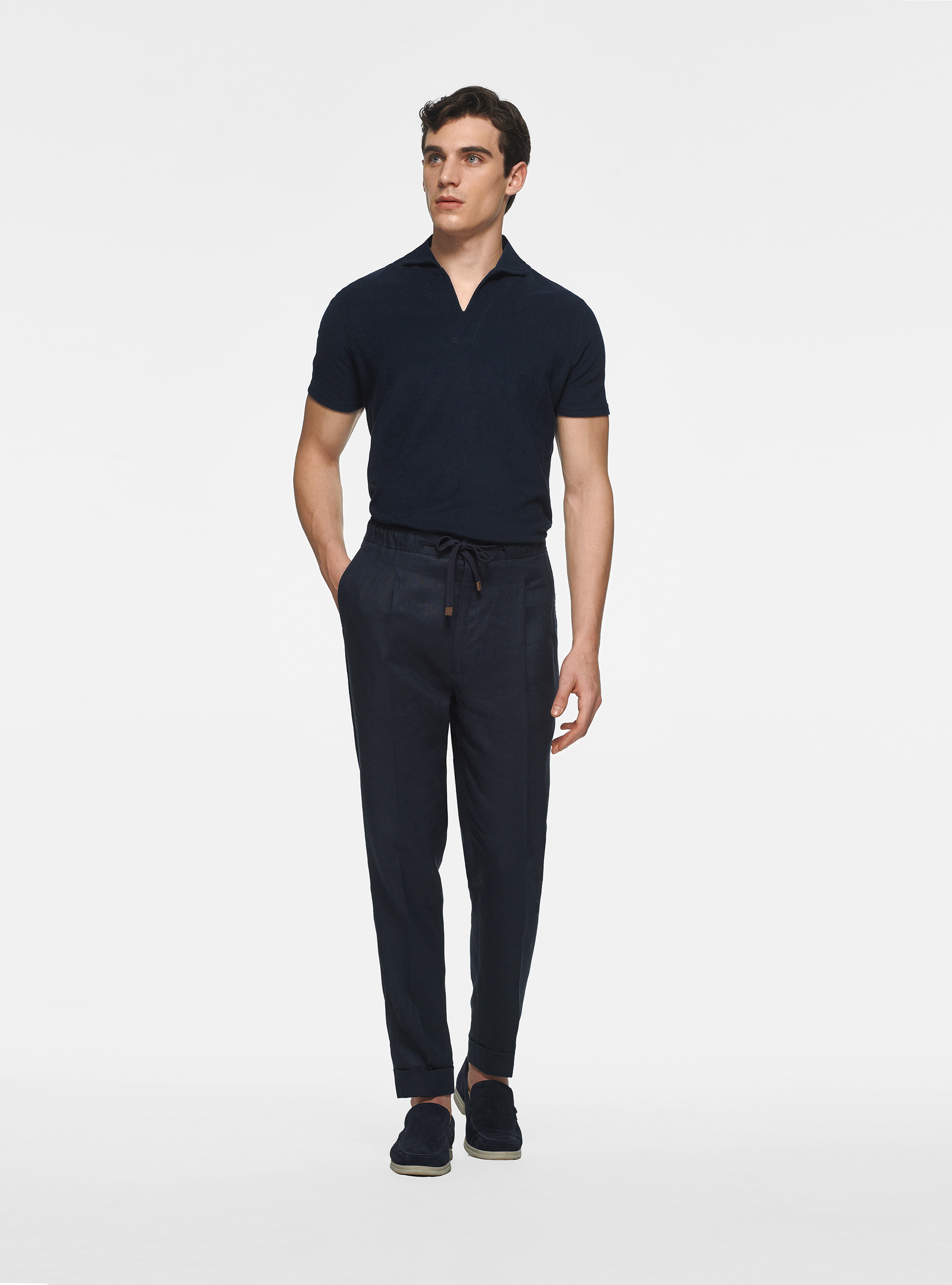 Pantaloni in puro lino con coulisse, BLU NAVY