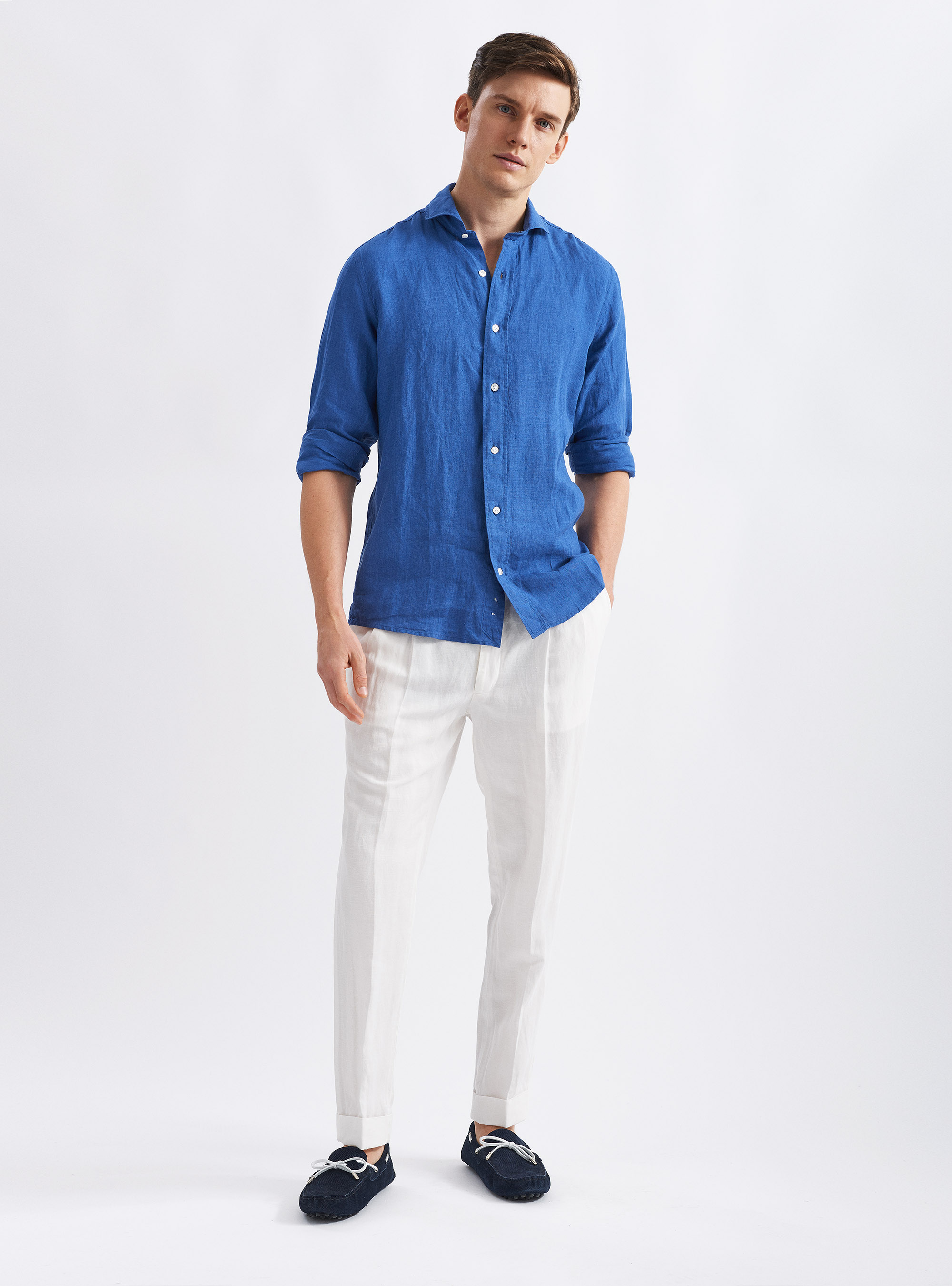 Camicia collo francese in lino, BLU