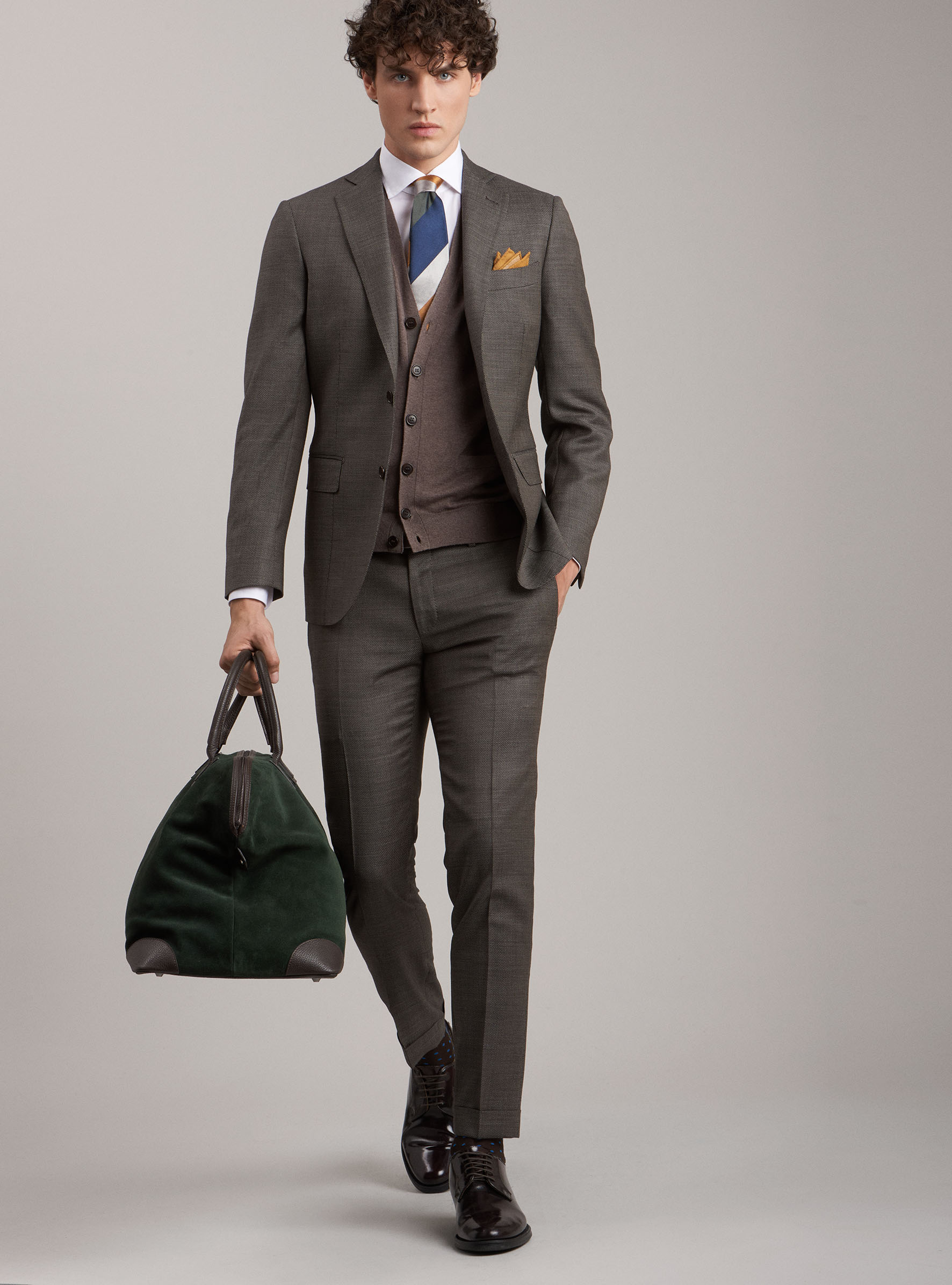 Pantaloni per abito occhio di pernice in pura lana, MARRONE