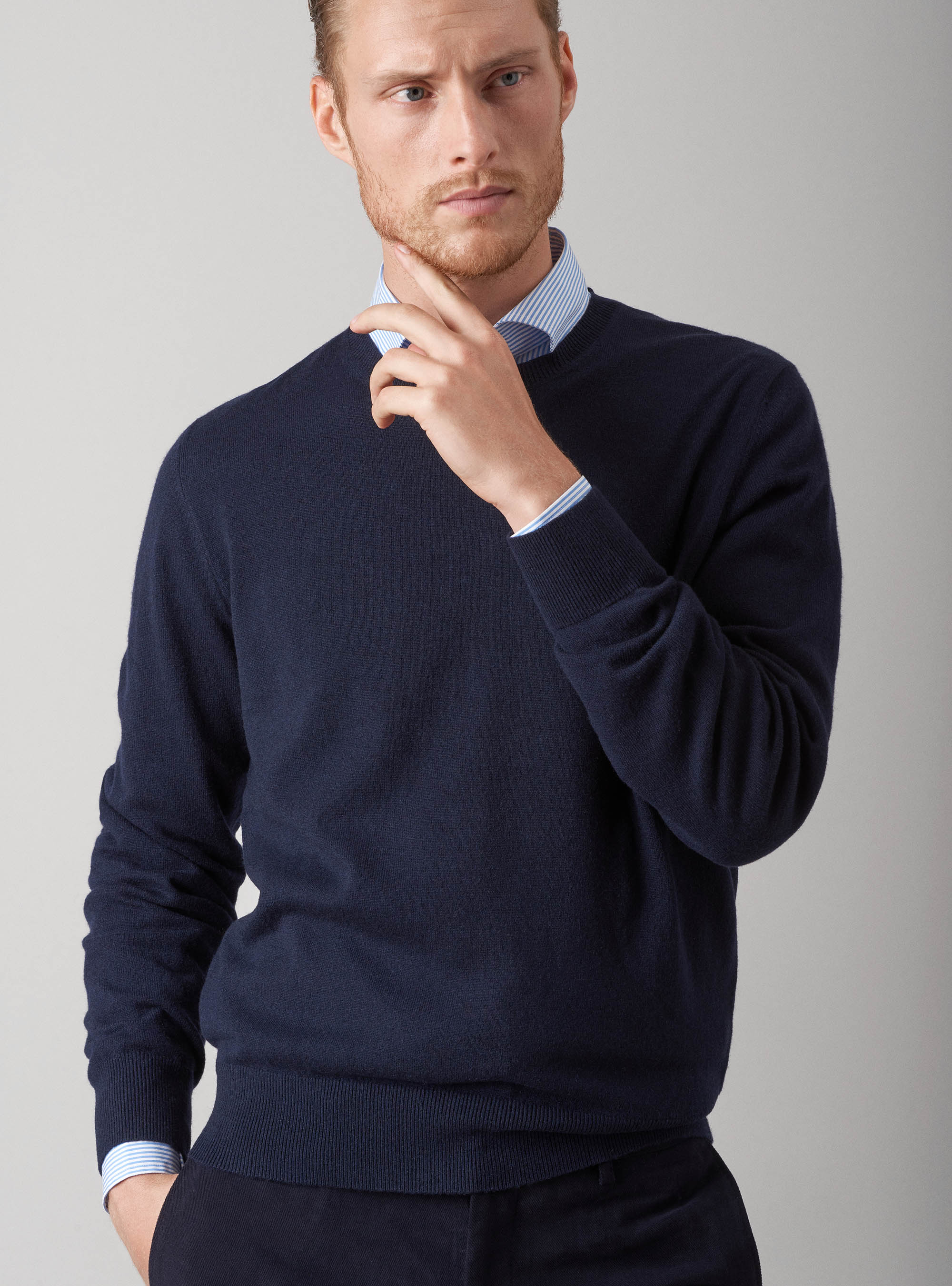 Maglia girocollo in lana lambswool e cashmere, BLU NAVY