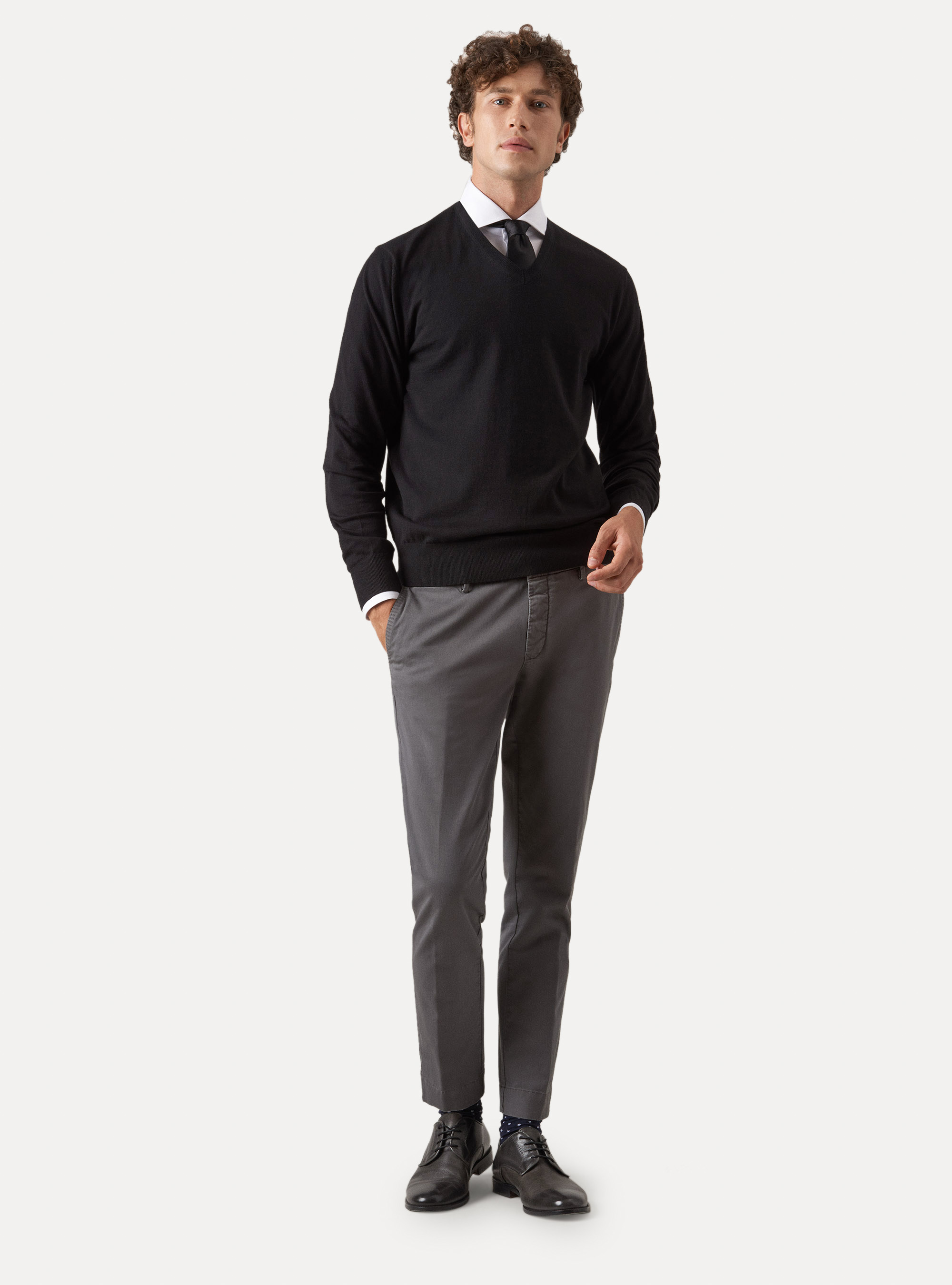 Maglia scollo a V in cotone seta e cashmere, NERO