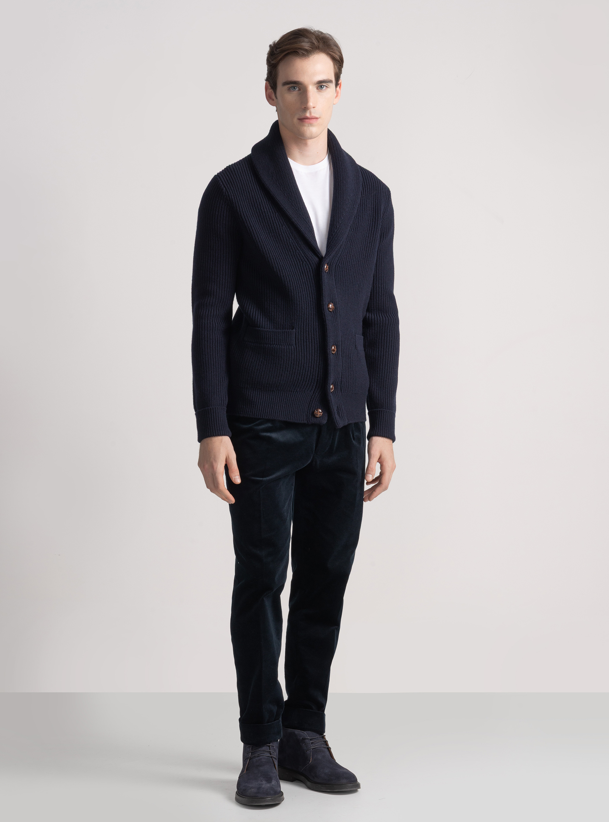 Cardigan in maglia sciallata in lana merino, BLU NAVY