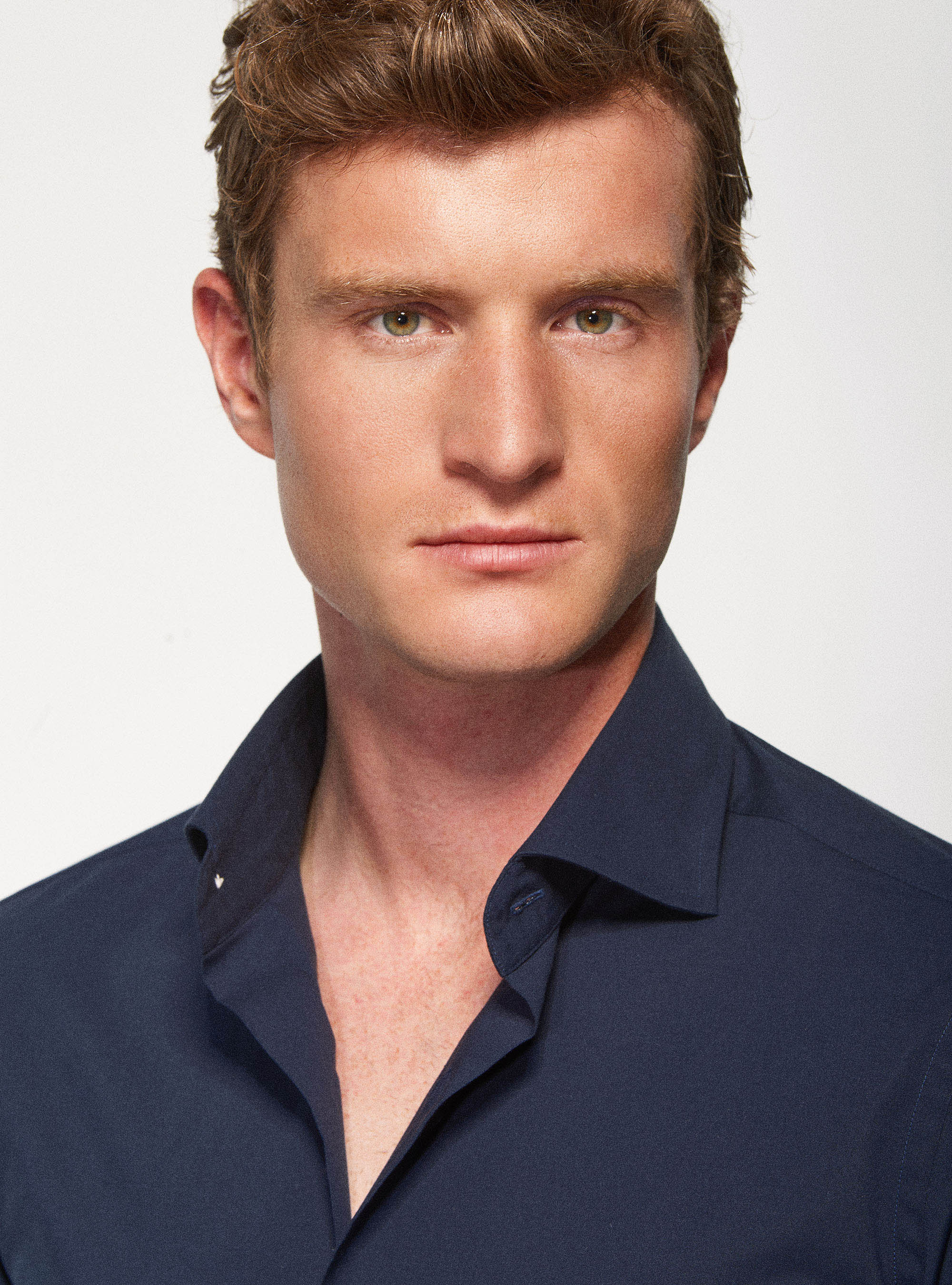 Camicia slim fit in popeline di cotone stretch, BLU NAVY