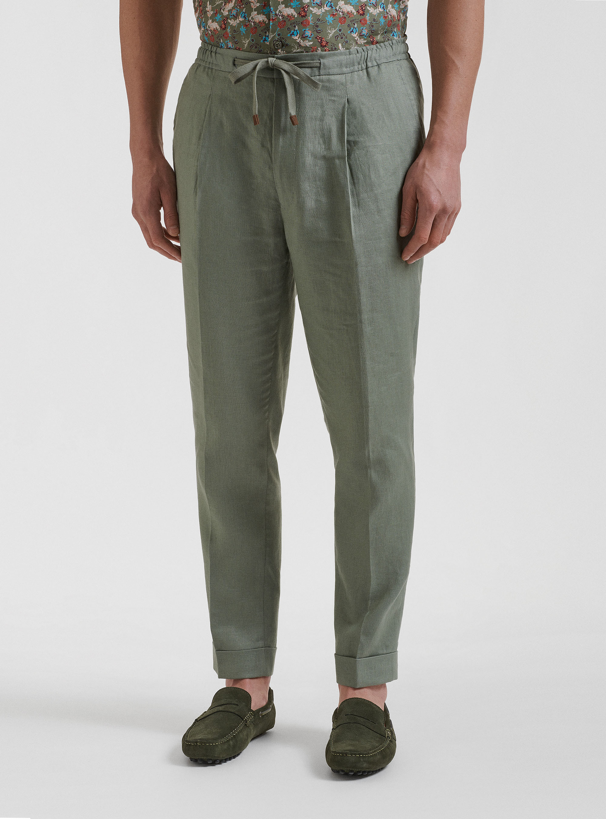 Pantaloni con pince e coulisse in puro lino, SALVIA 0602C