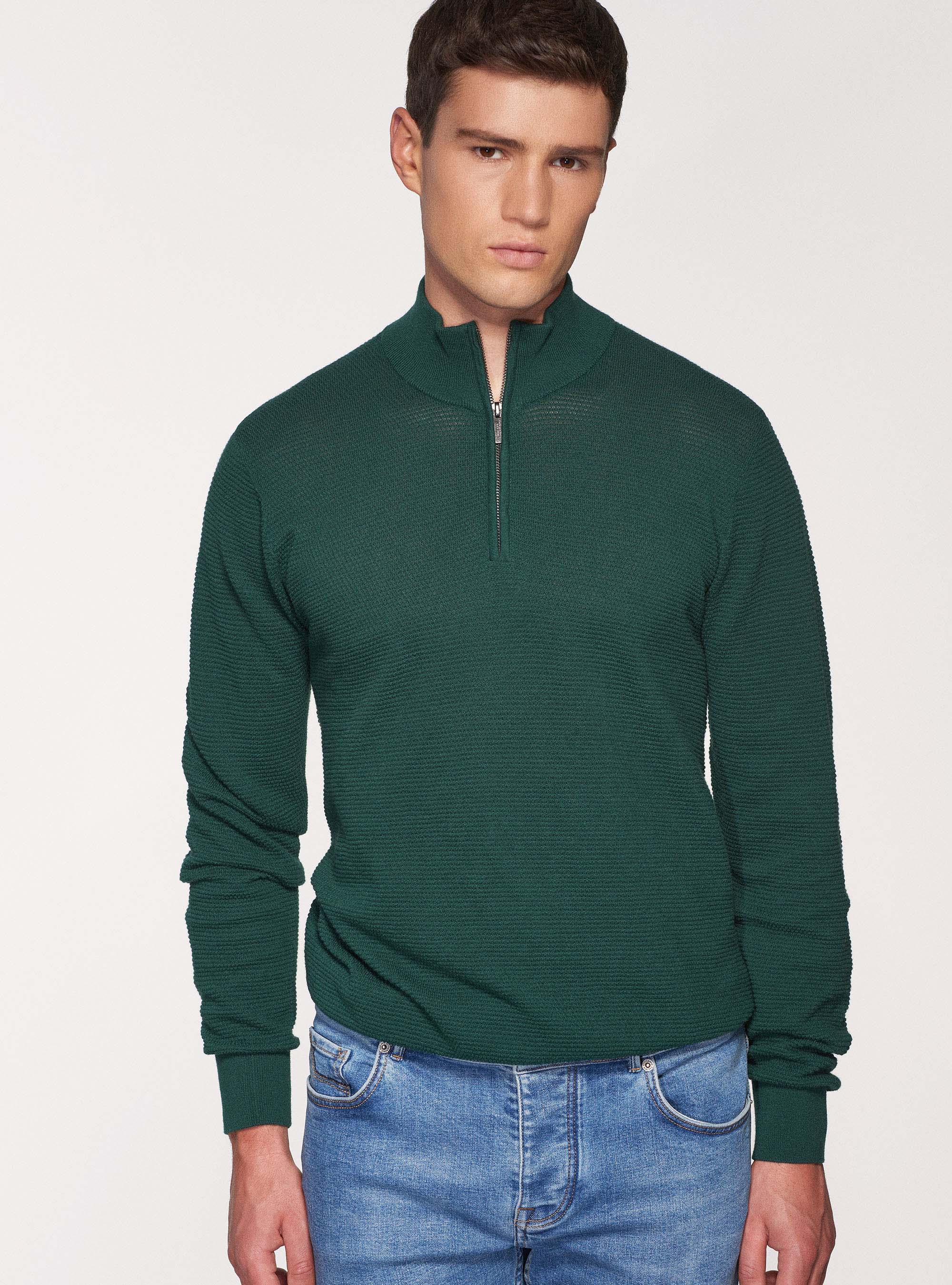 Maglia mezza zip in cotone cashmere punto riso, VERDE