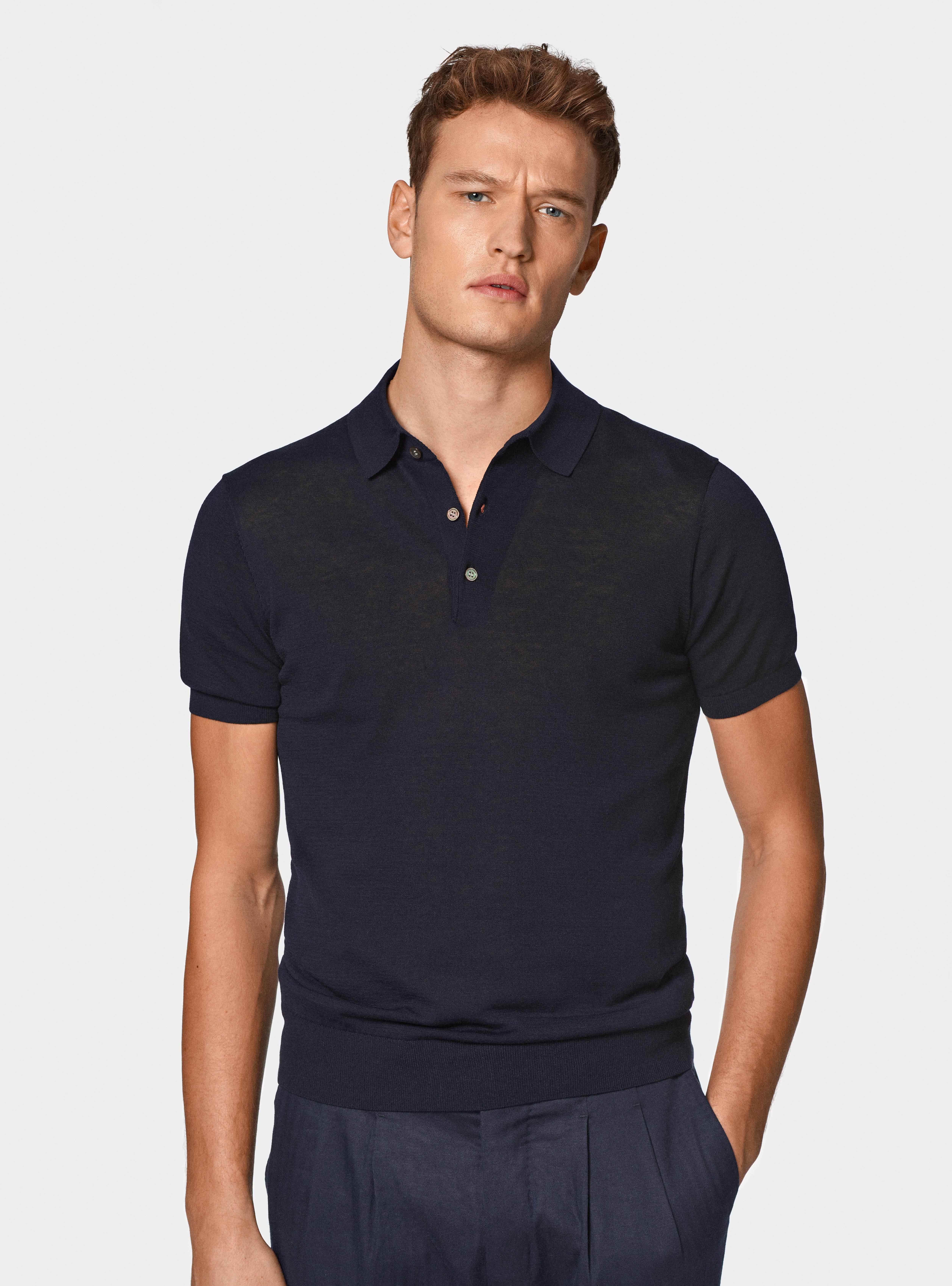 Maglia a polo in cotone e seta, BLU NAVY