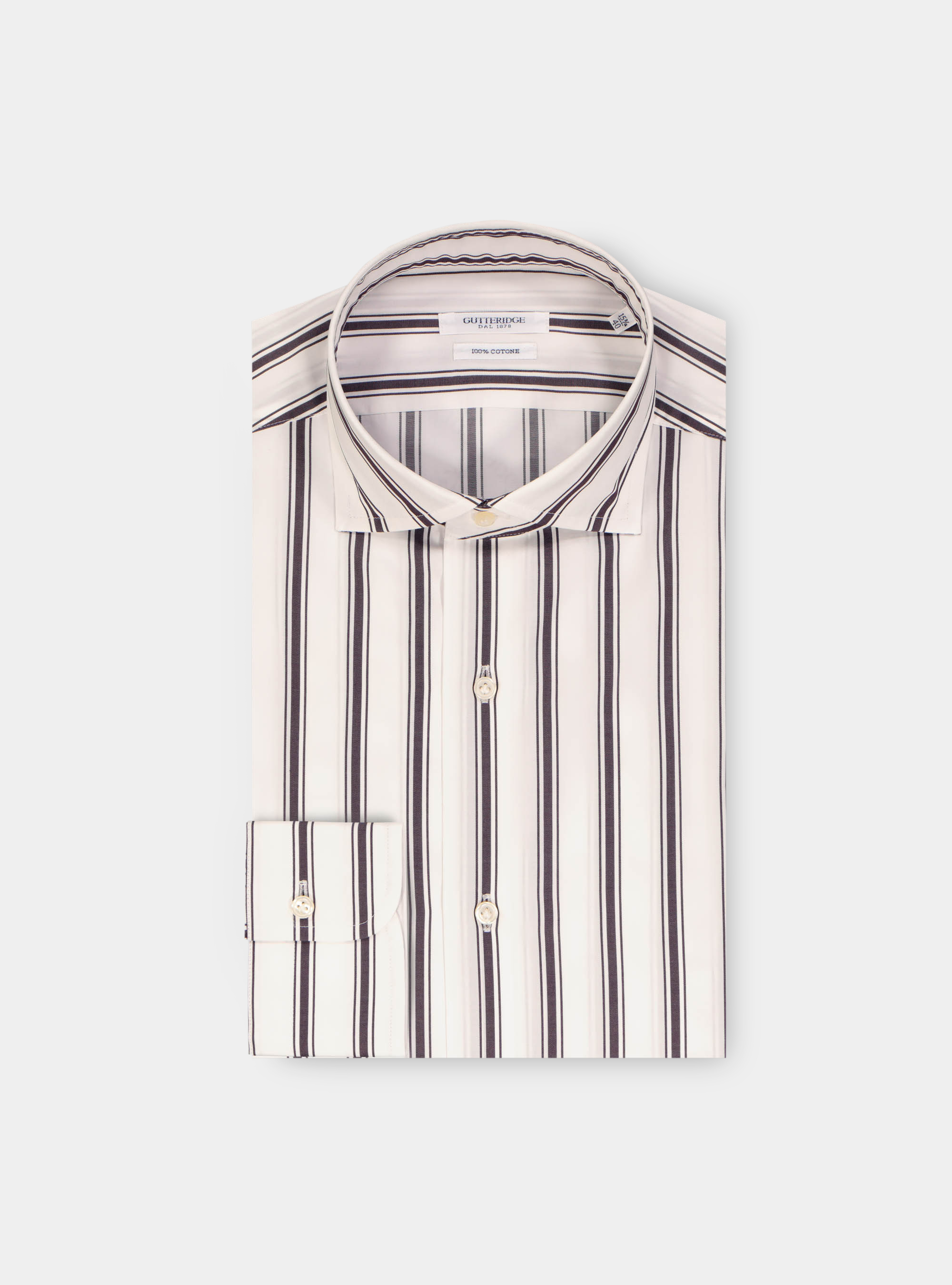 Camicia collo francese semiaperto in popeline rigato, MARRONE