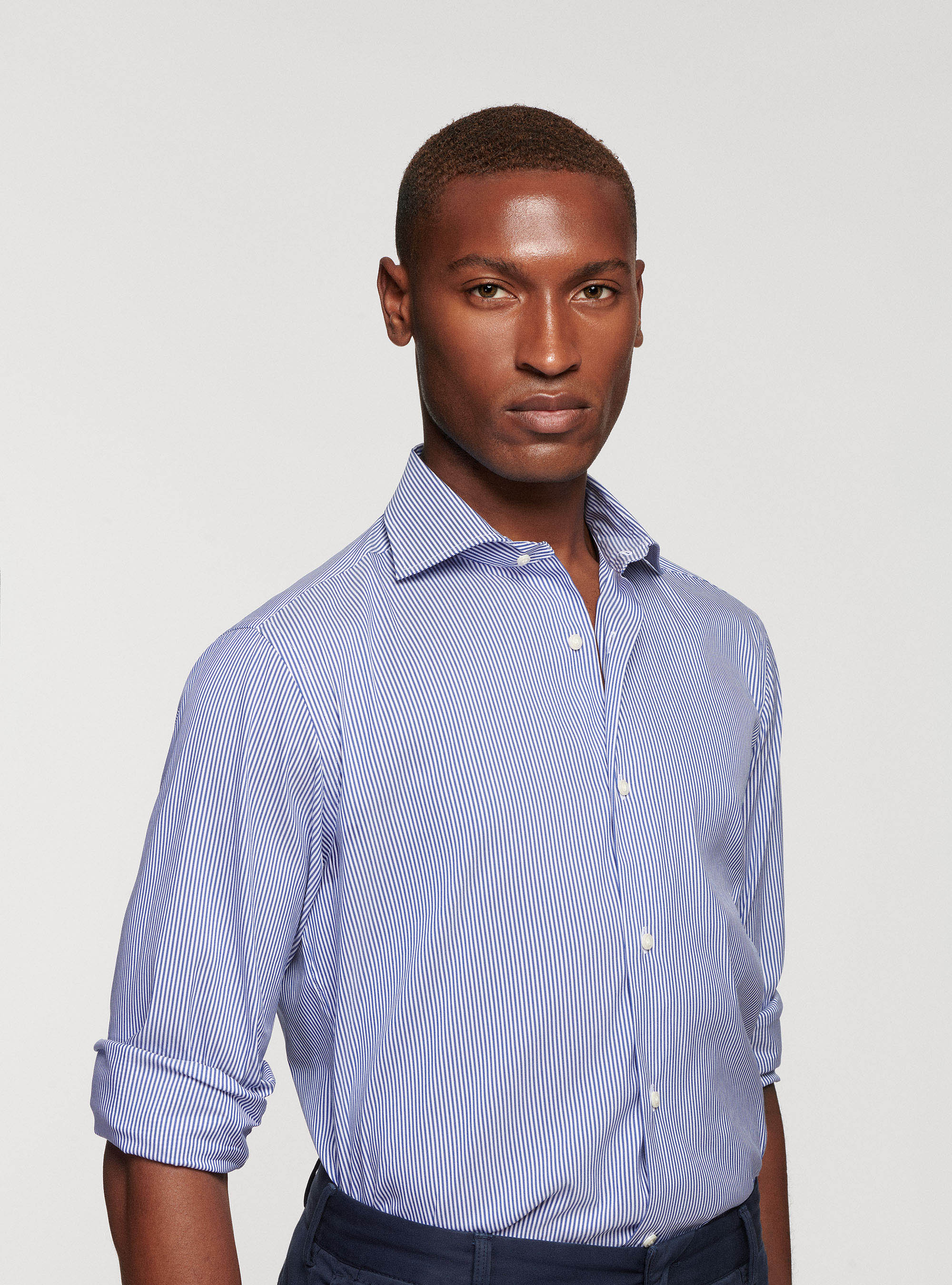 Camicia in popeline stretch rigato, BLU