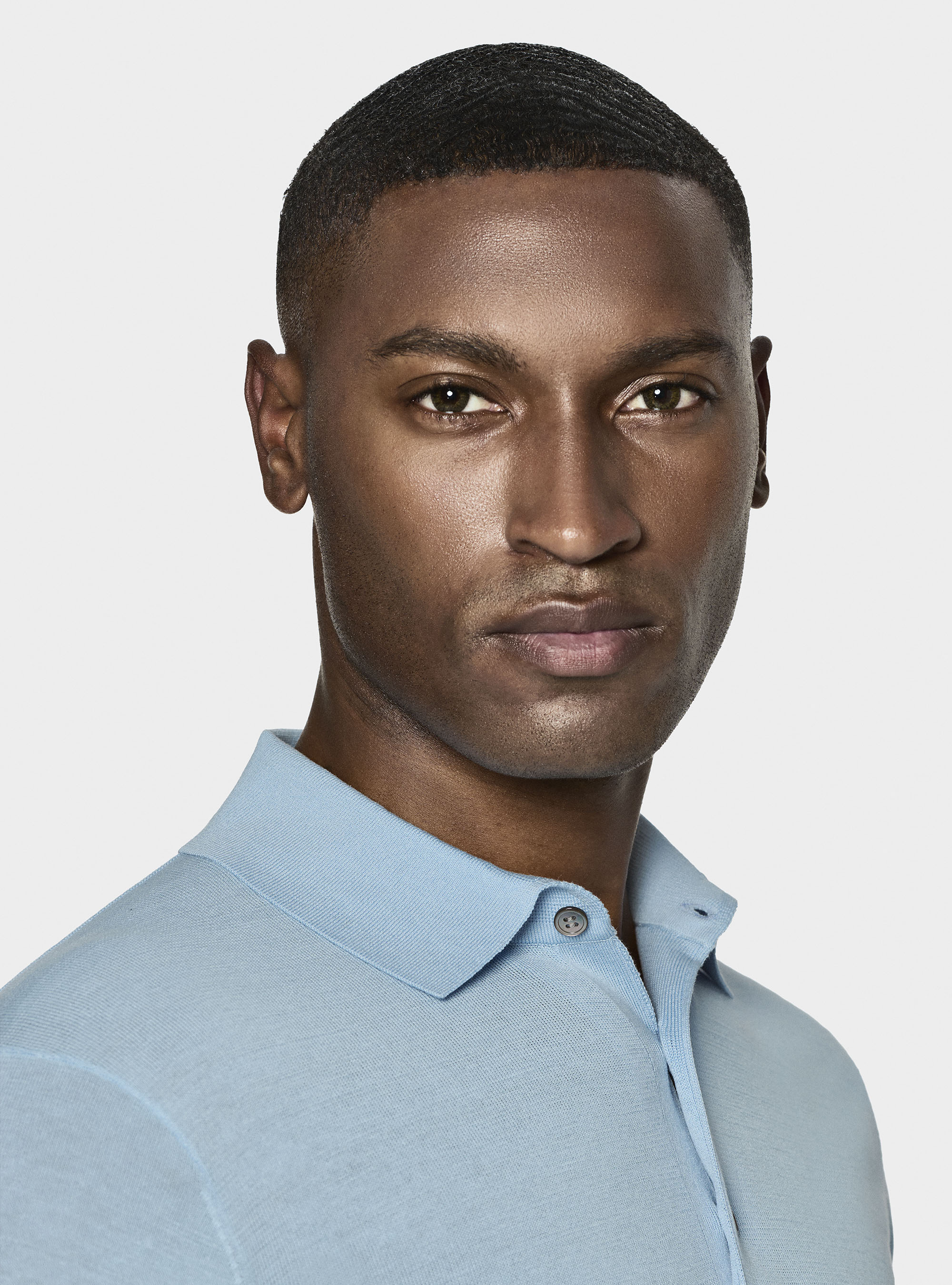 Maglia a polo in cotone e seta, AZZURRO