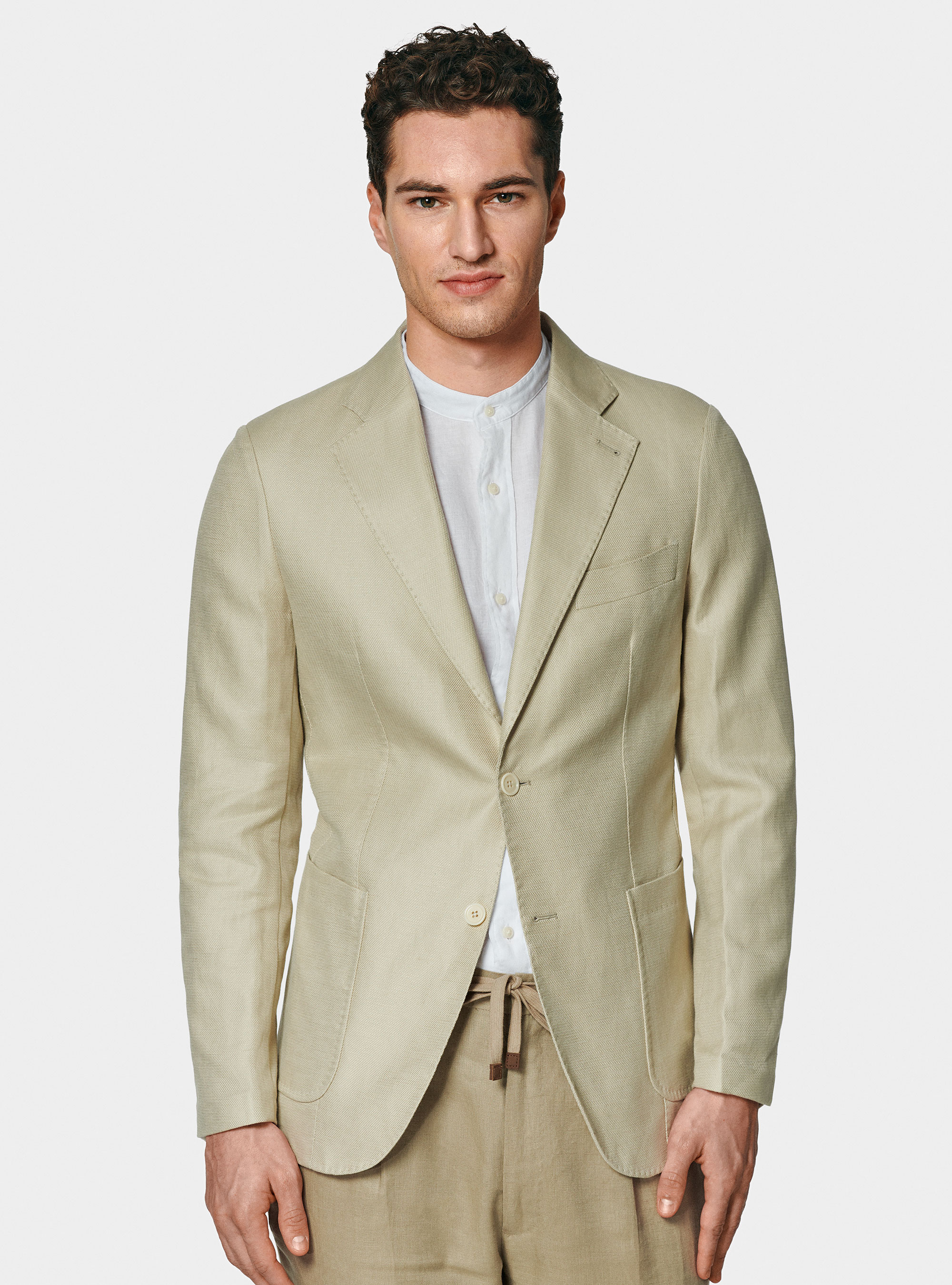 Giacca hopsack in cotone e lino, SABBIA