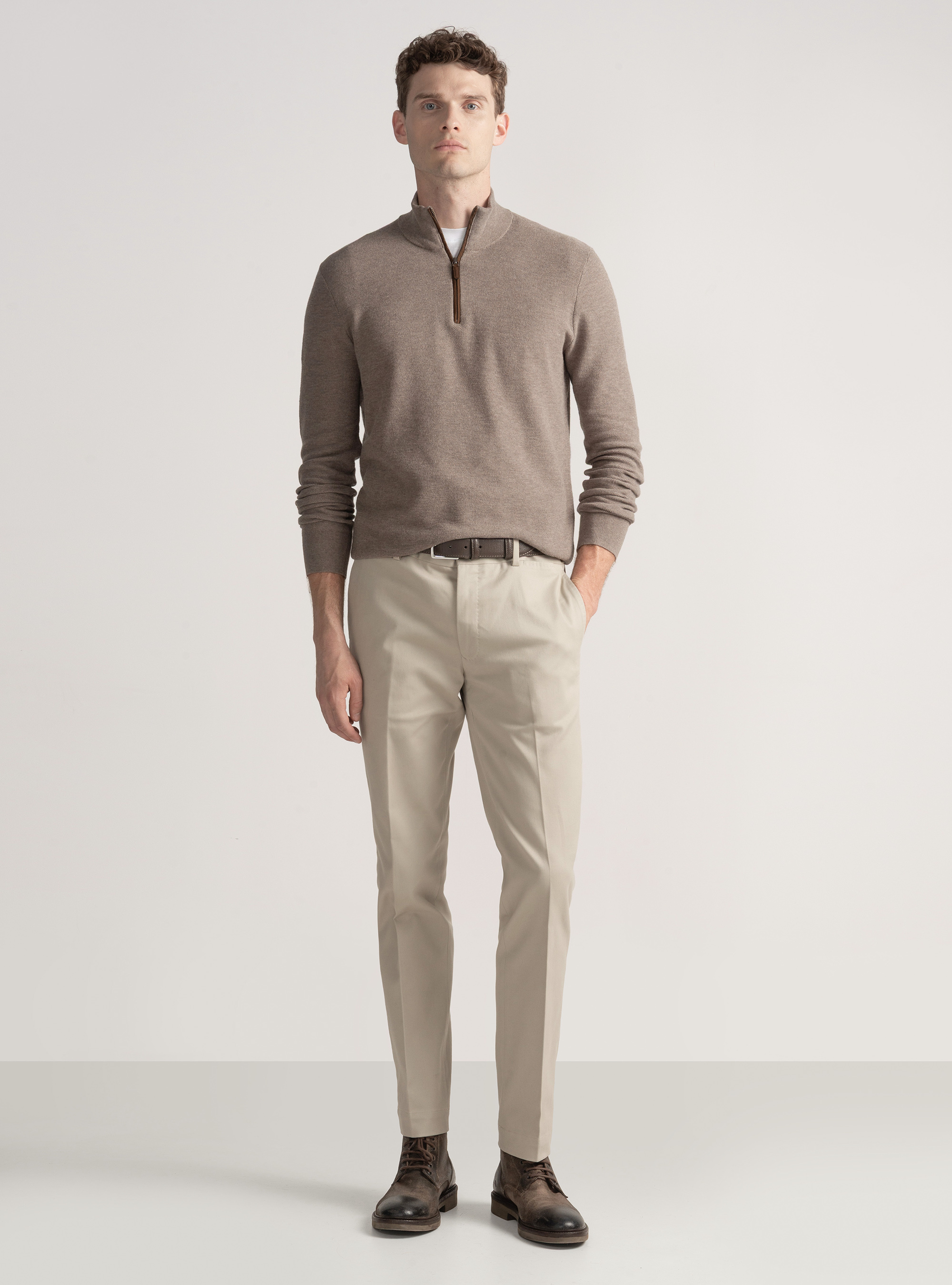 Maglia mock neck nido d'ape in cotone cashmere, FANGO