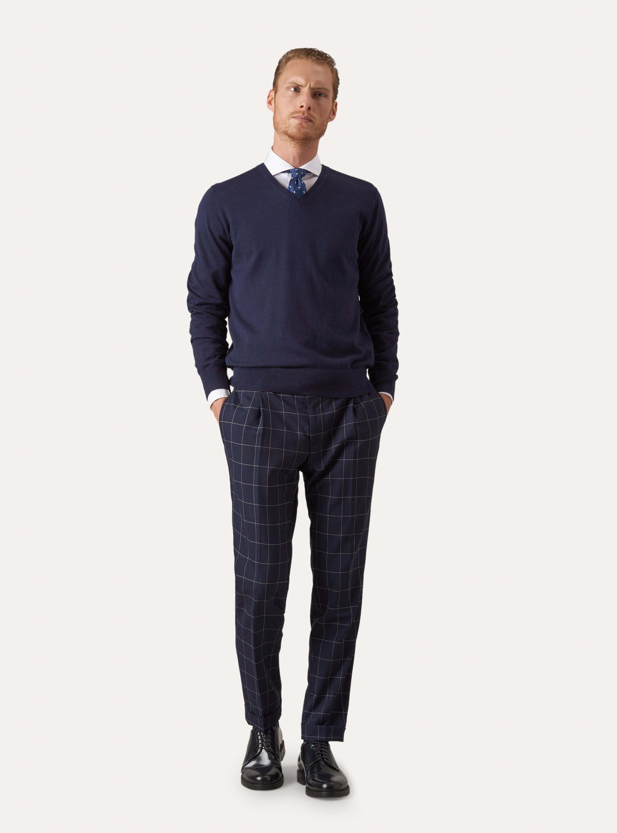 Maglia scollo a V in cotone seta e cashmere, BLU NAVY