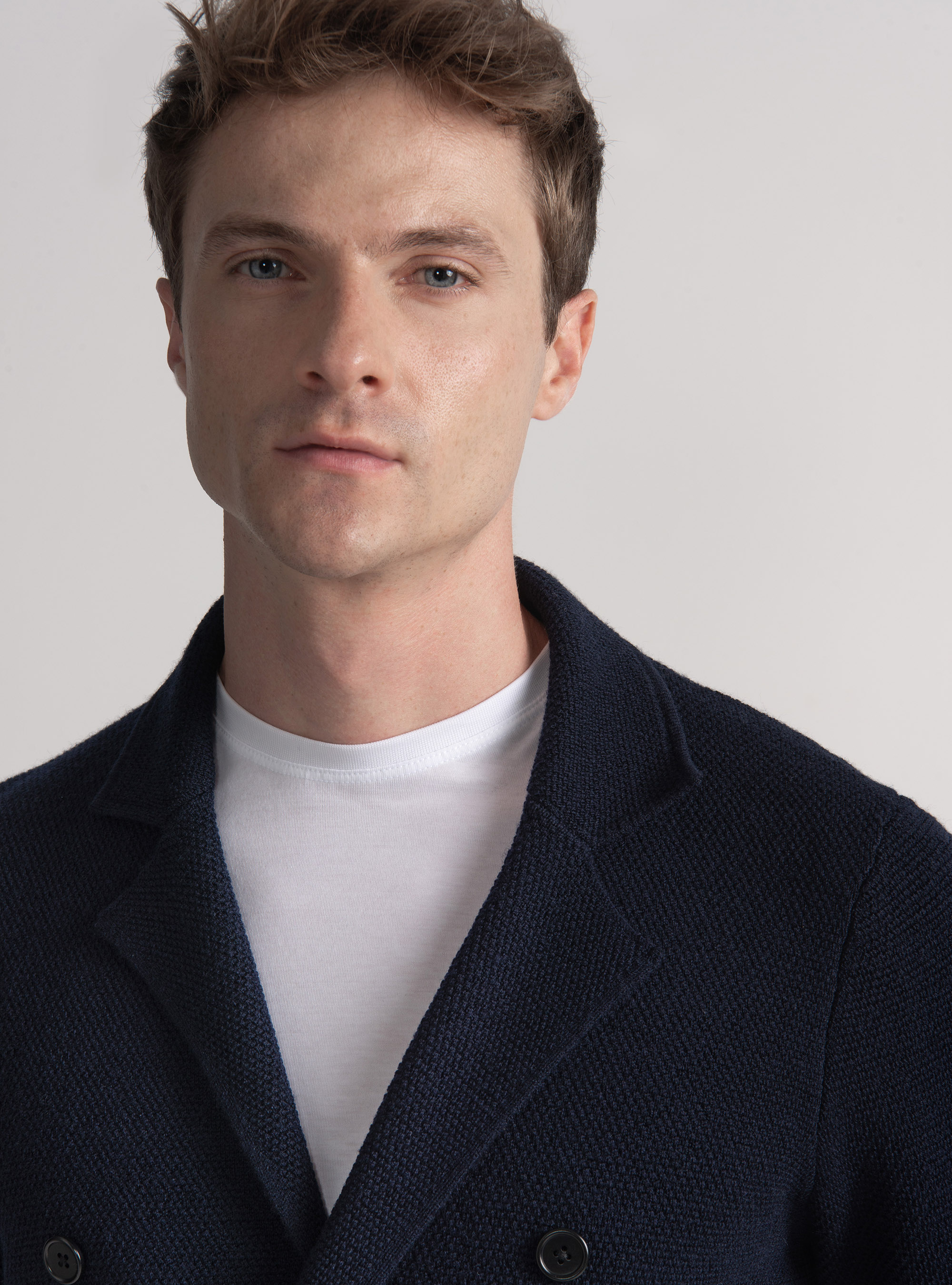 Giacca in maglia doppiopetto in lana merino, BLU NAVY