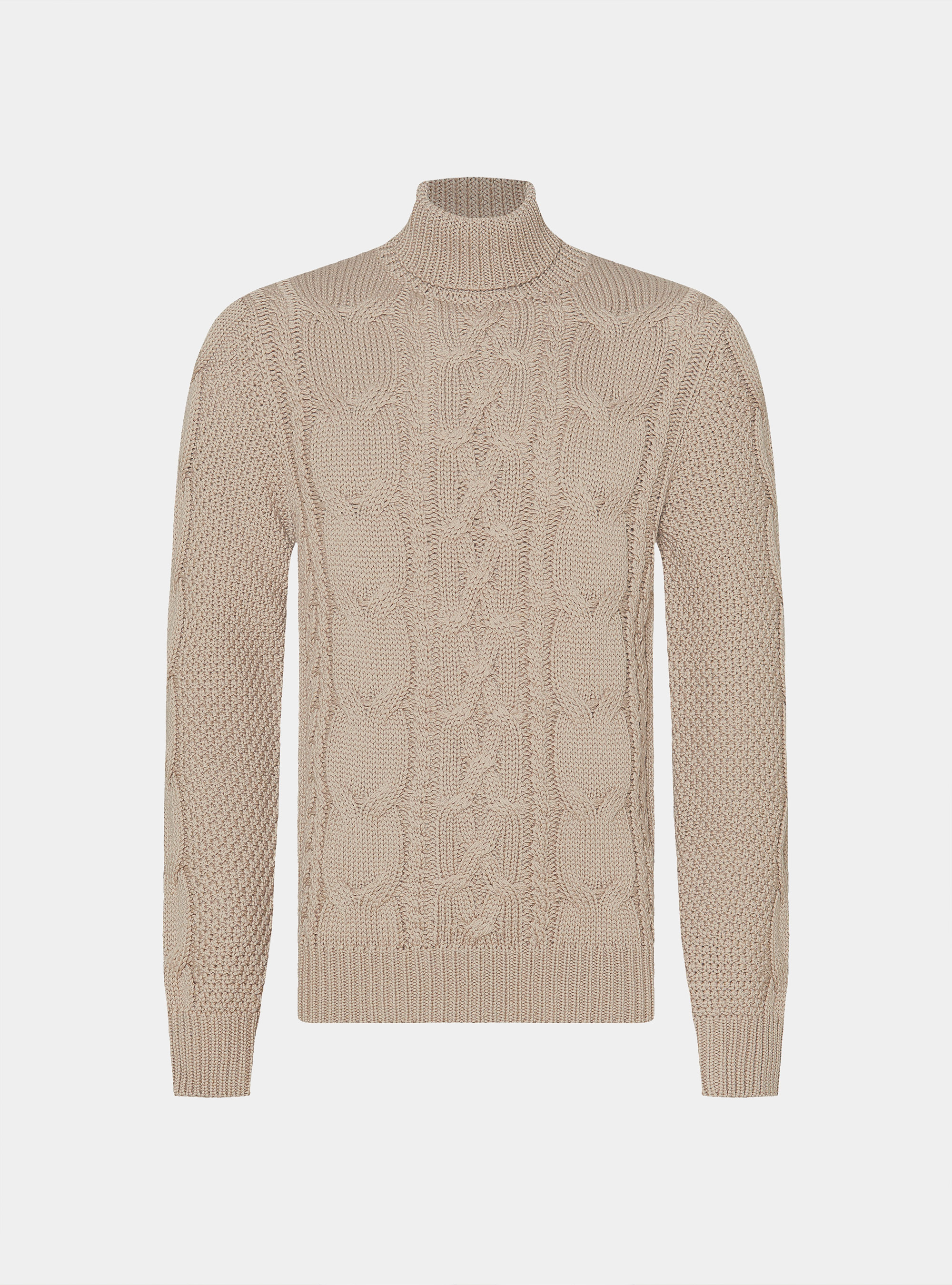 Maglia collo alto con treccione in misto lana, SABBIA