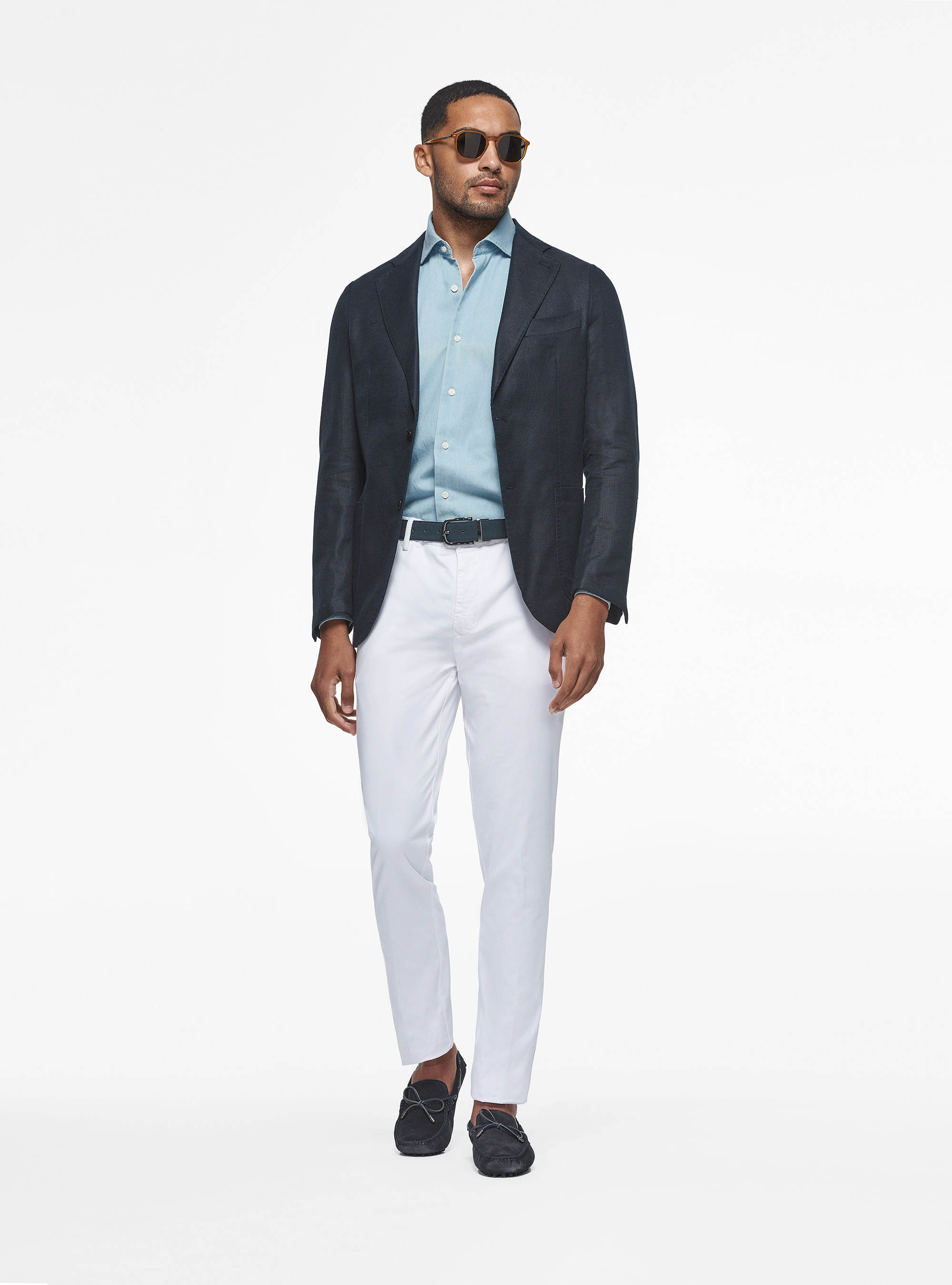 Giacca hopsack in cotone e lino, BLU NAVY