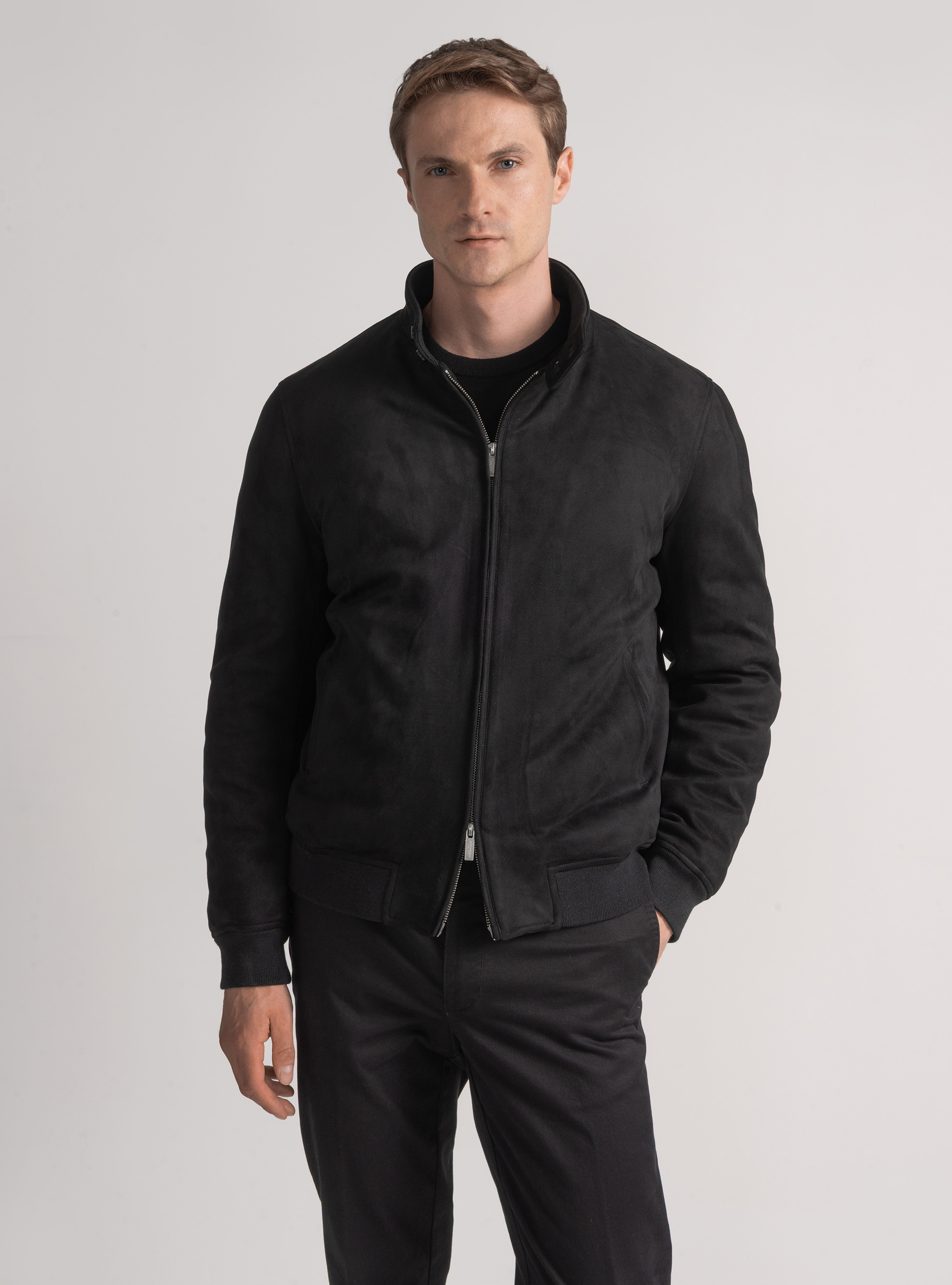 Padded suede-effect bomber jacket, BLACK