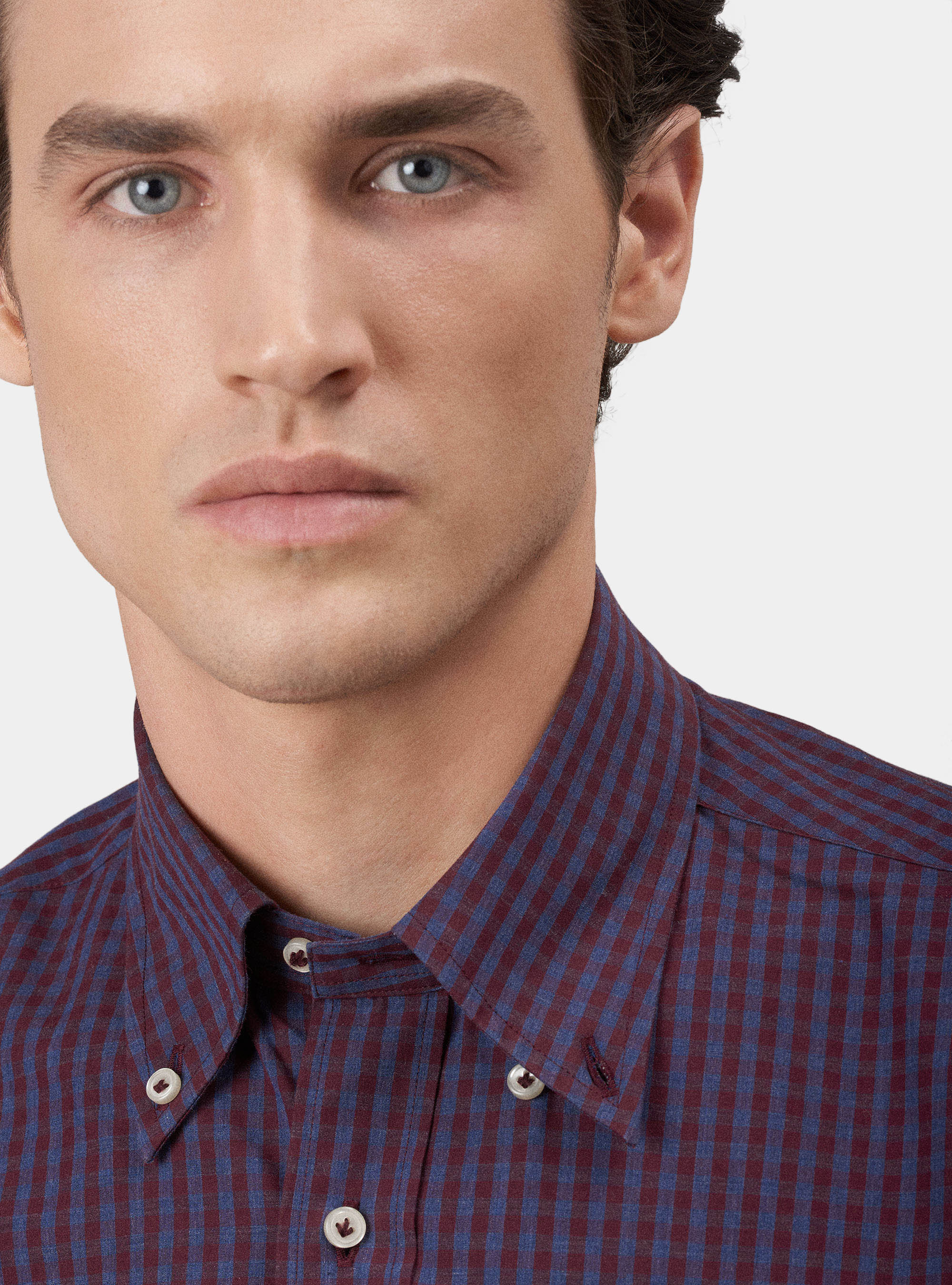 Camicia collo button down in cotone a quadri, ROSSO