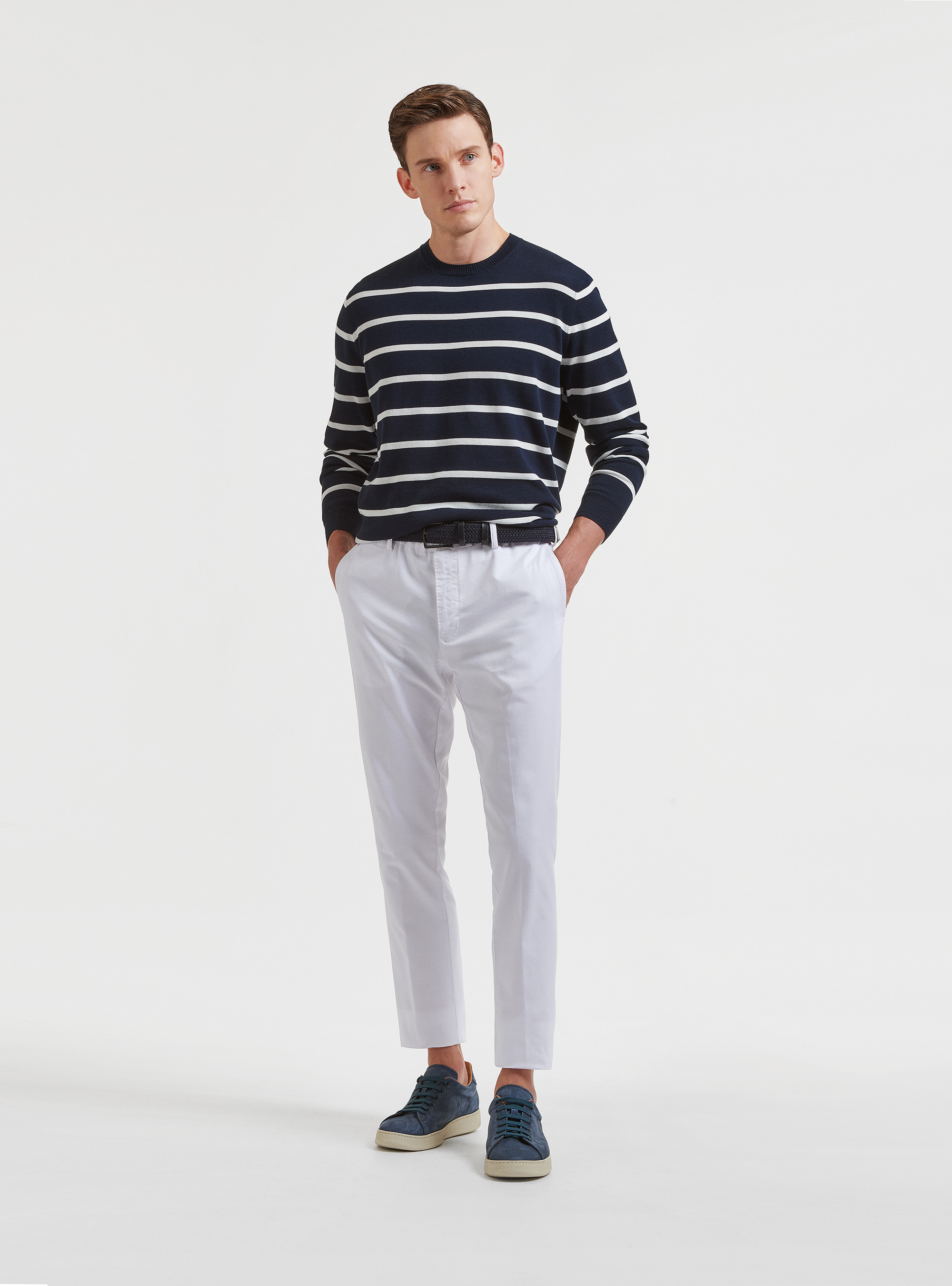 Long-sleeved striped cotton sweater, NAVY BLUE