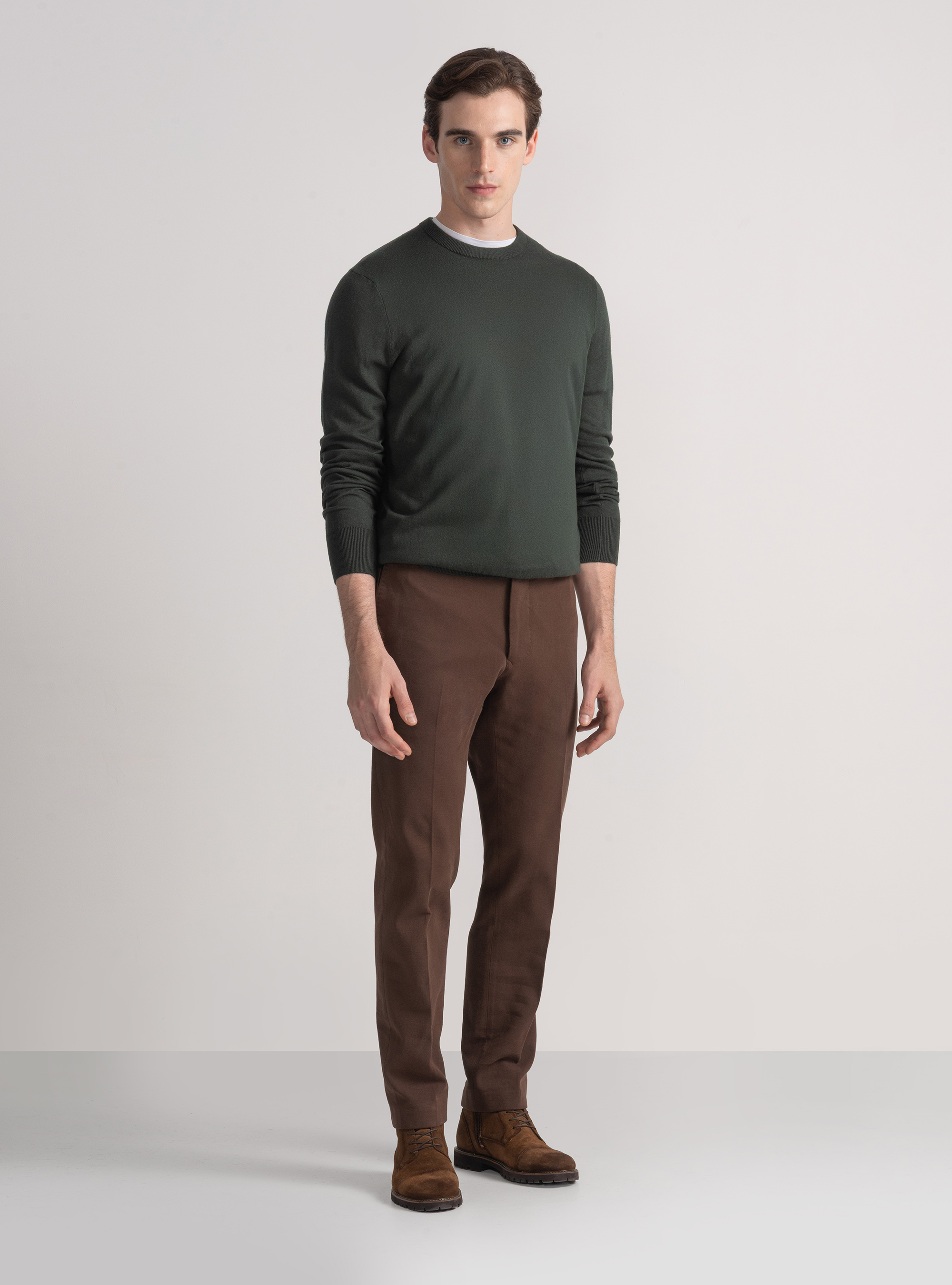 Pantaloni in twill di cotone e cashmere, MARRONE