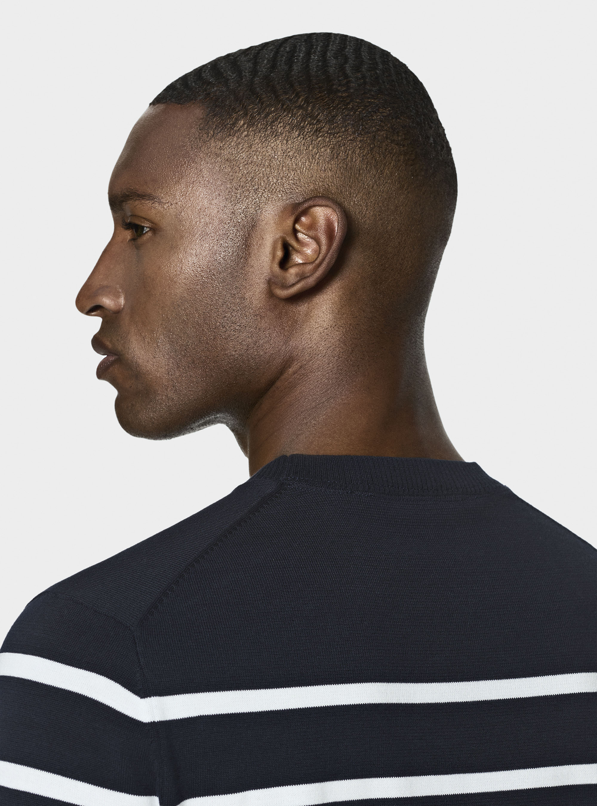 Maglia girocollo in cotone extrafine rigato, BLU NAVY