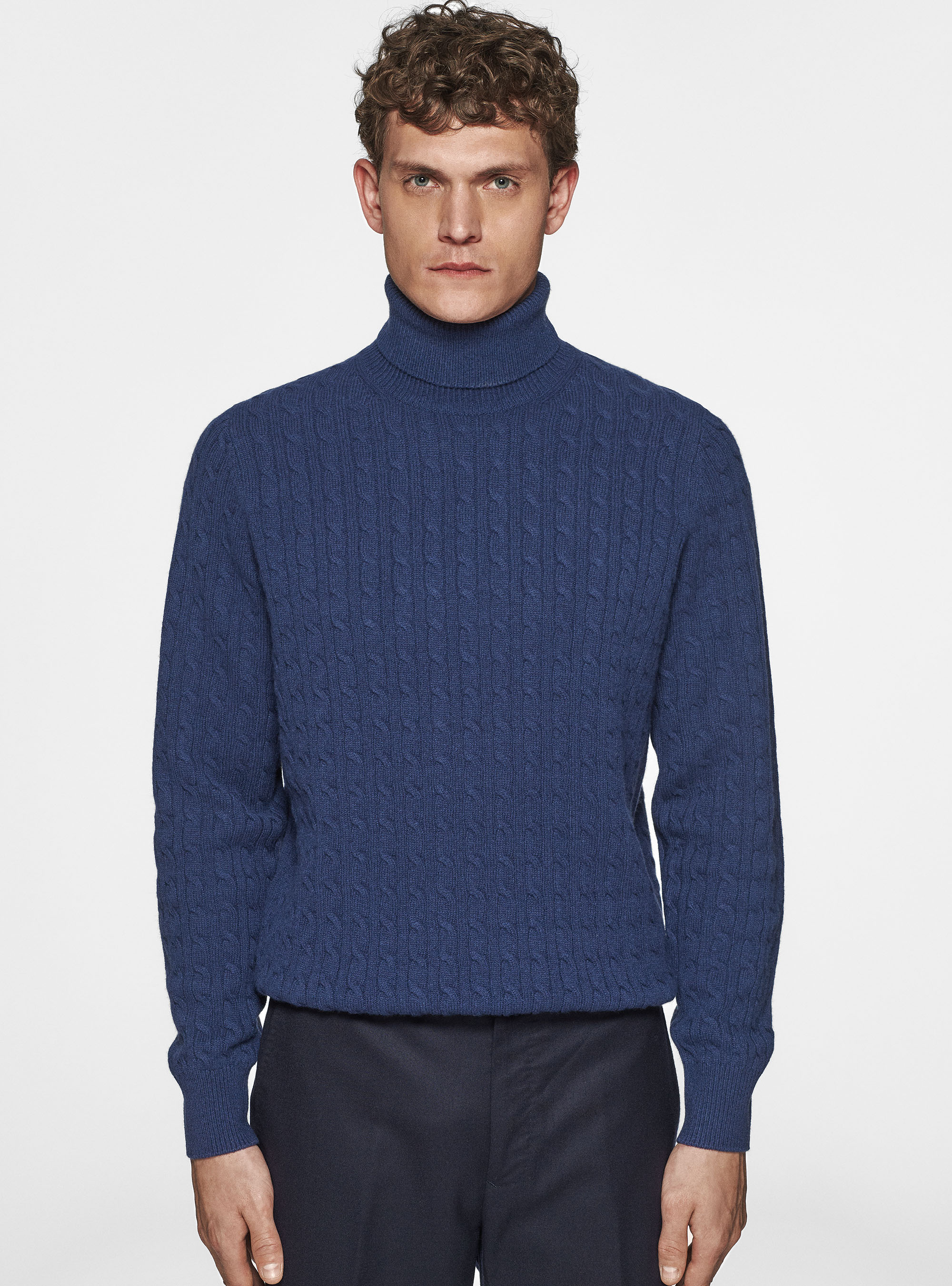 Maglia collo alto in lana cashmere con treccia, INCHIOSTRO