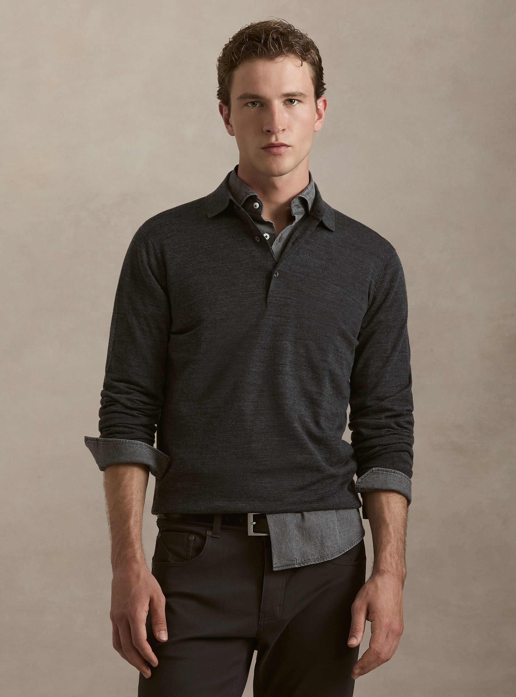 Extrafine merino wool knit polo shirt, ASPHALT GREY