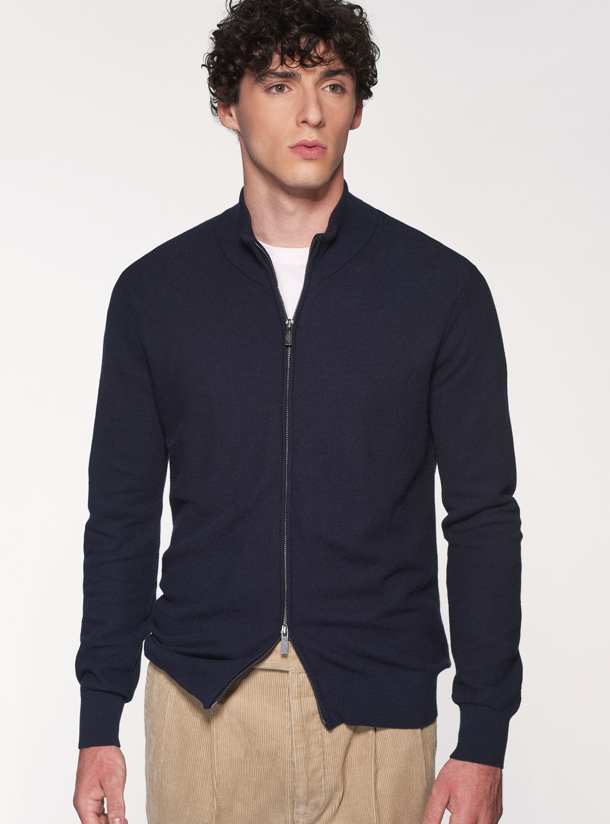 Cotton cashmere full zip sweater rice 