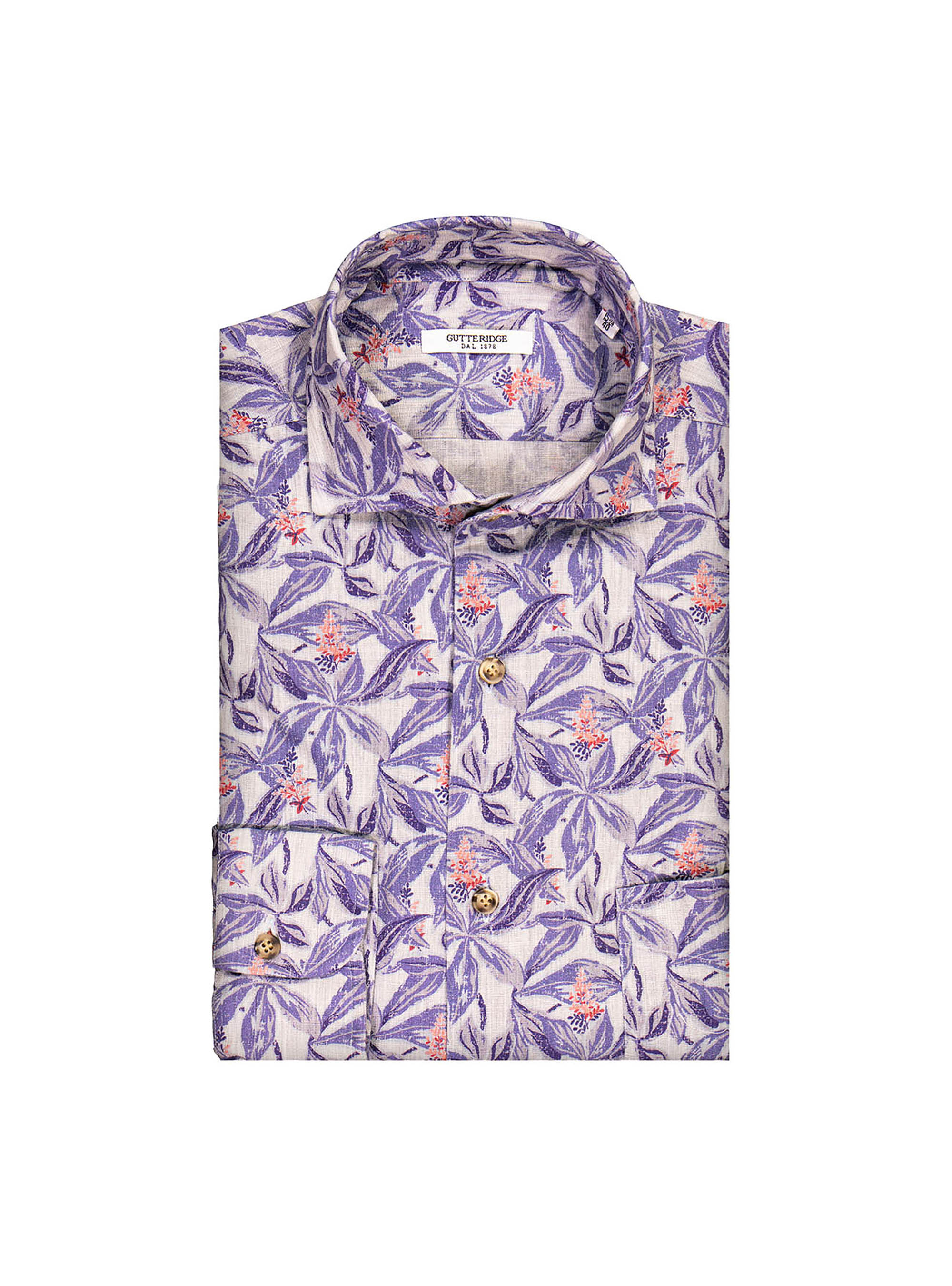 Camicia collo francese semi aperto con taschino e stampa a fiori, GREY