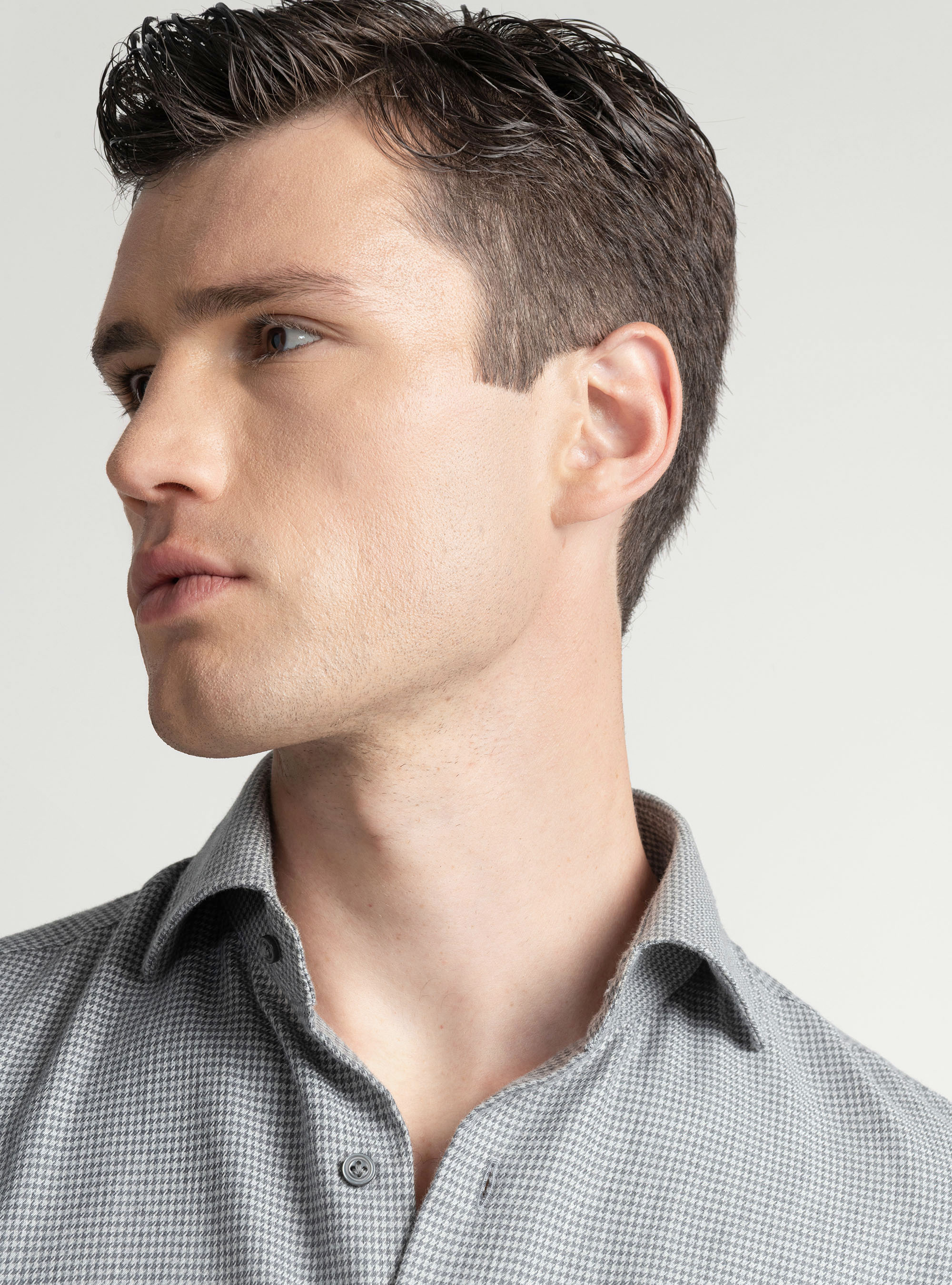 Micro-patterned cotton and wool flannel shirt, GREY
