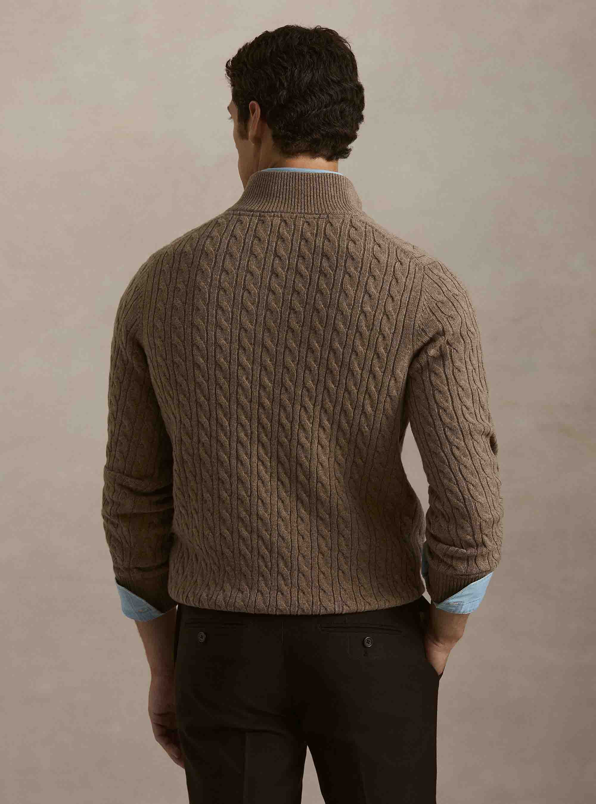 Maglia lupetto a trecce in lana e cashmere, FANGO