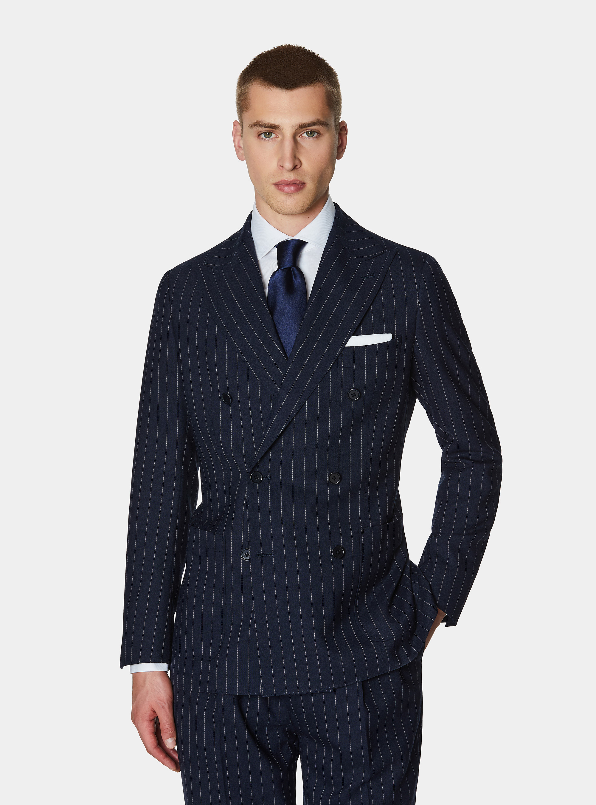 Double-breasted pinstriped wool suit blazer, NAVY BLUE