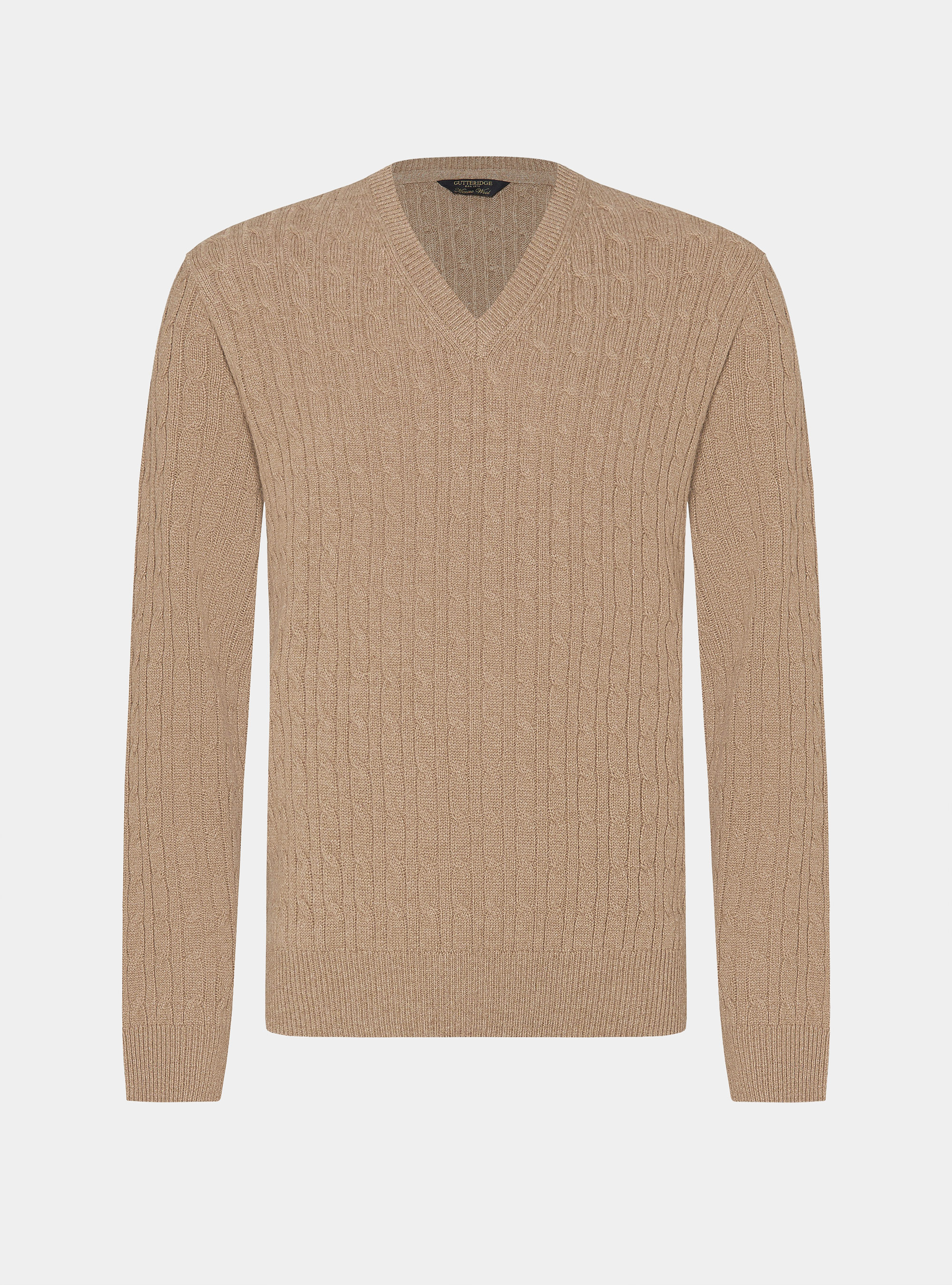 Maglia scollo a V con treccia in lana merino, CAMMELLO 0570C