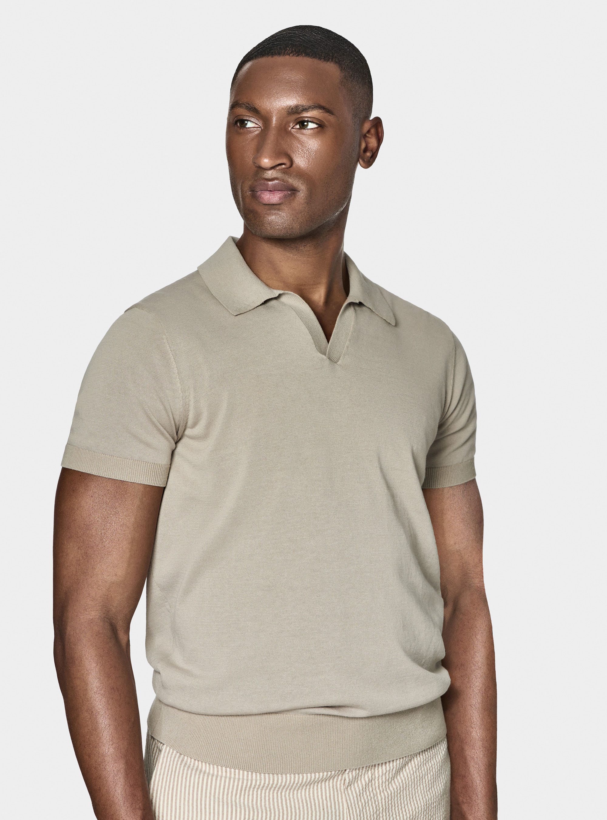 Polo in maglia senza bottoni in cotone extrafine, SABBIA