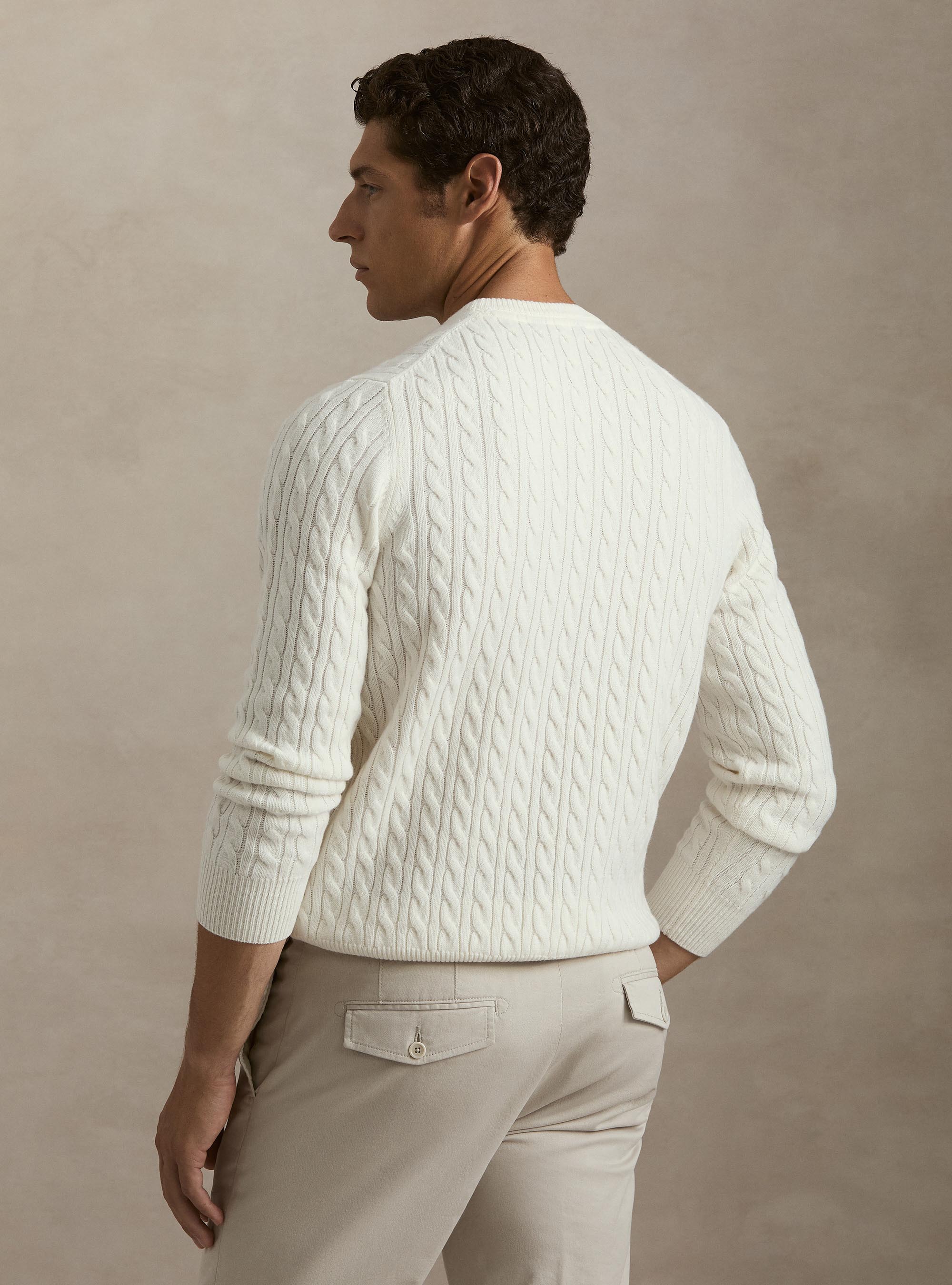 Girocollo in maglia con treccia in lana cashmere, BIANCO