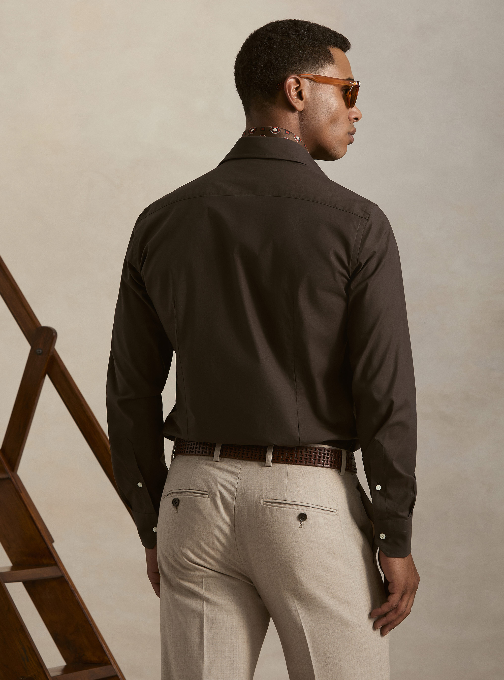 Camicia in cotone popeline stretch, MARRONE