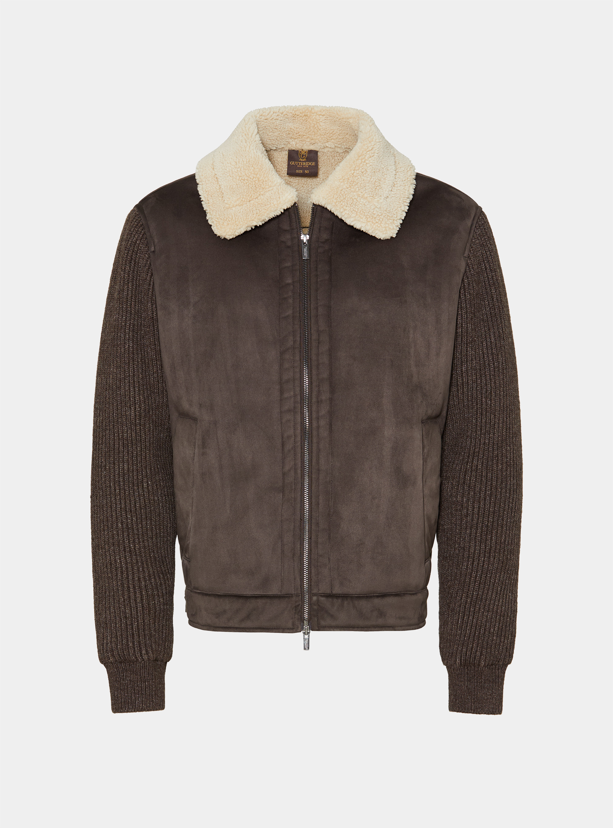 Suede-effect sheepskin with knitted sleeves, BROWN