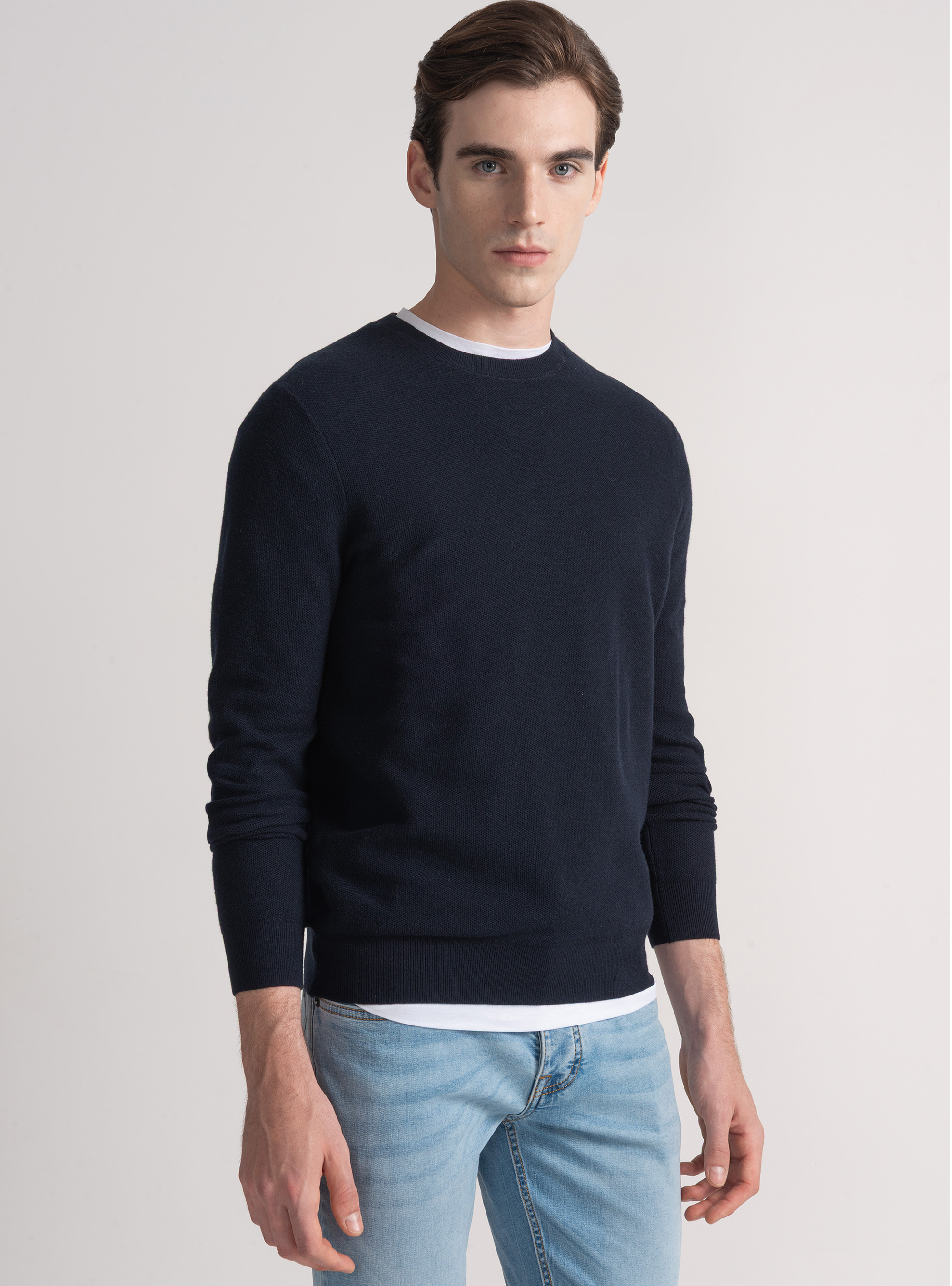 Maglia girocollo nido d'ape in cotone cashmere