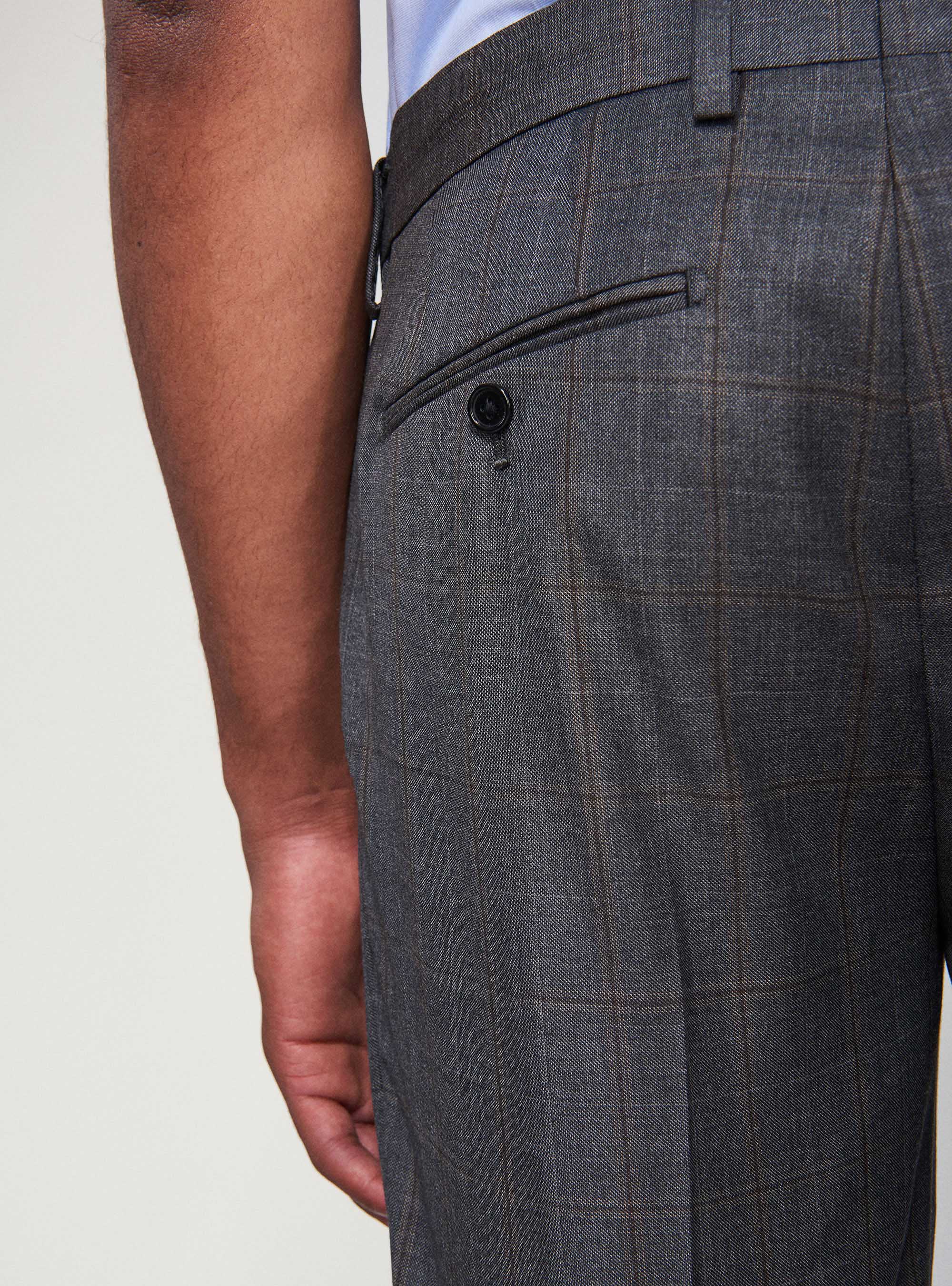 Pantaloni per abito a quadri in pura lana S110's, ASFALTO