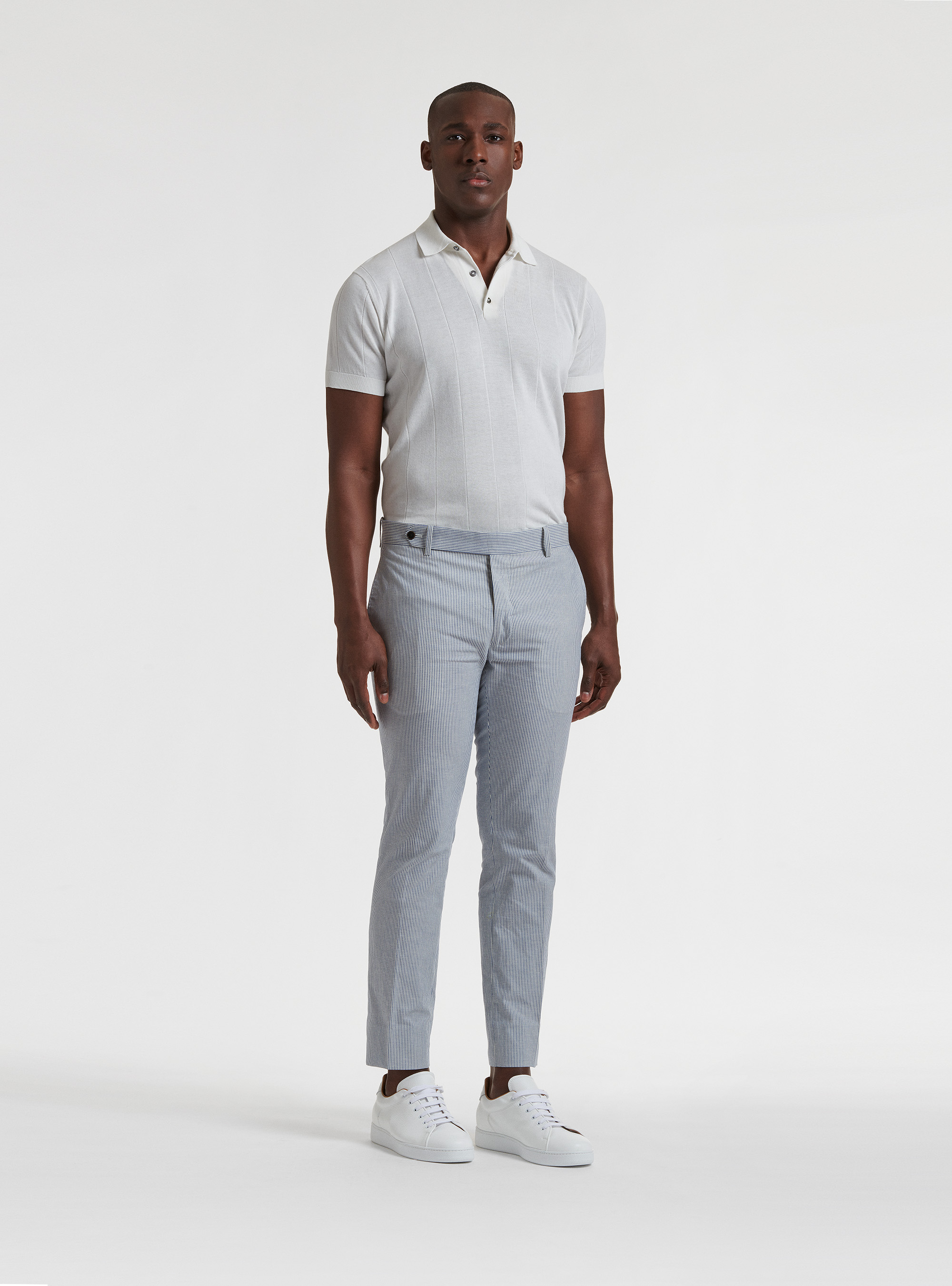 Pantaloni in cotone e lino rigato, 0243C DENIM