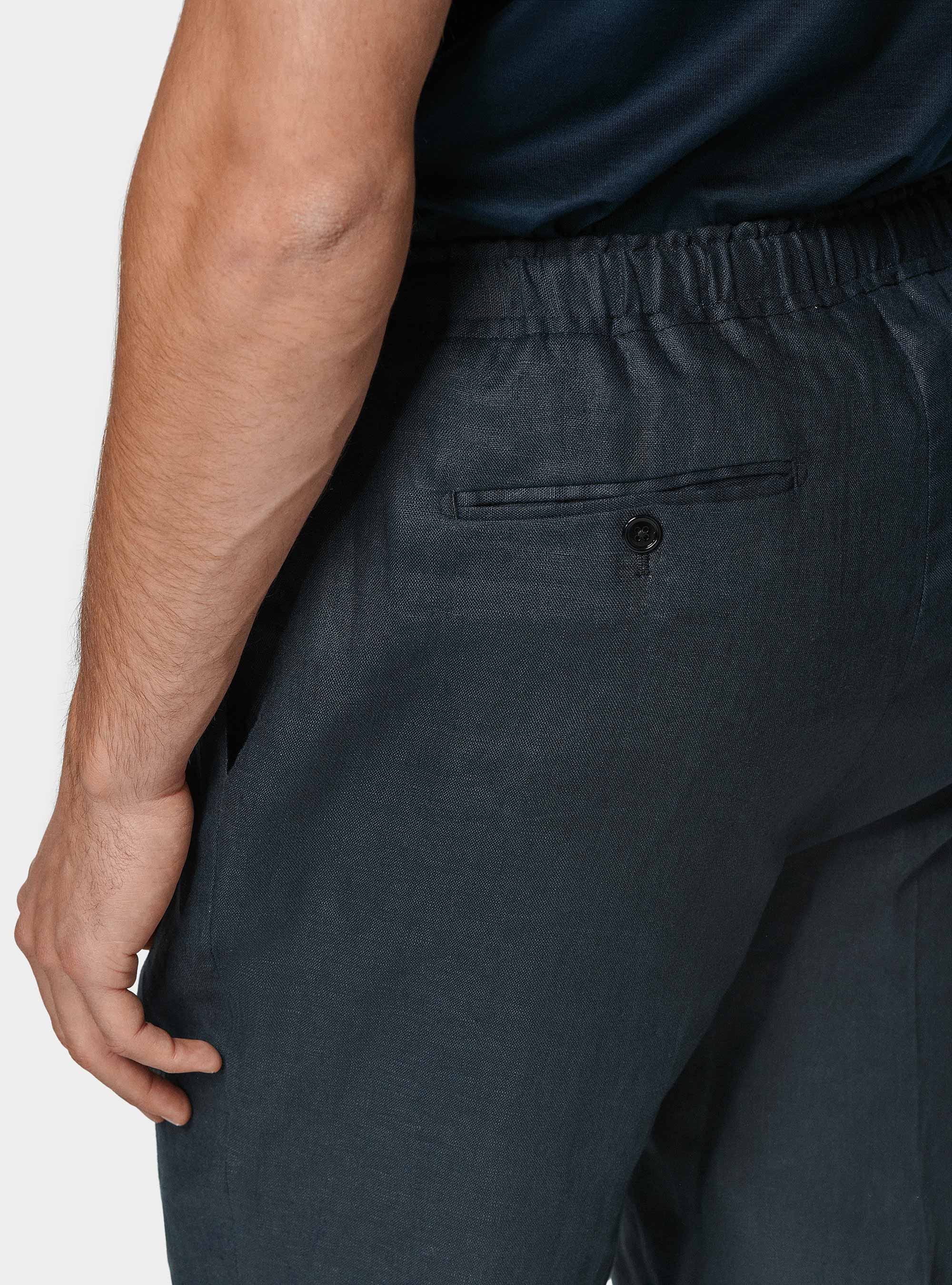 Pure linen trousers with pleat and drawstring, NAVY BLUE